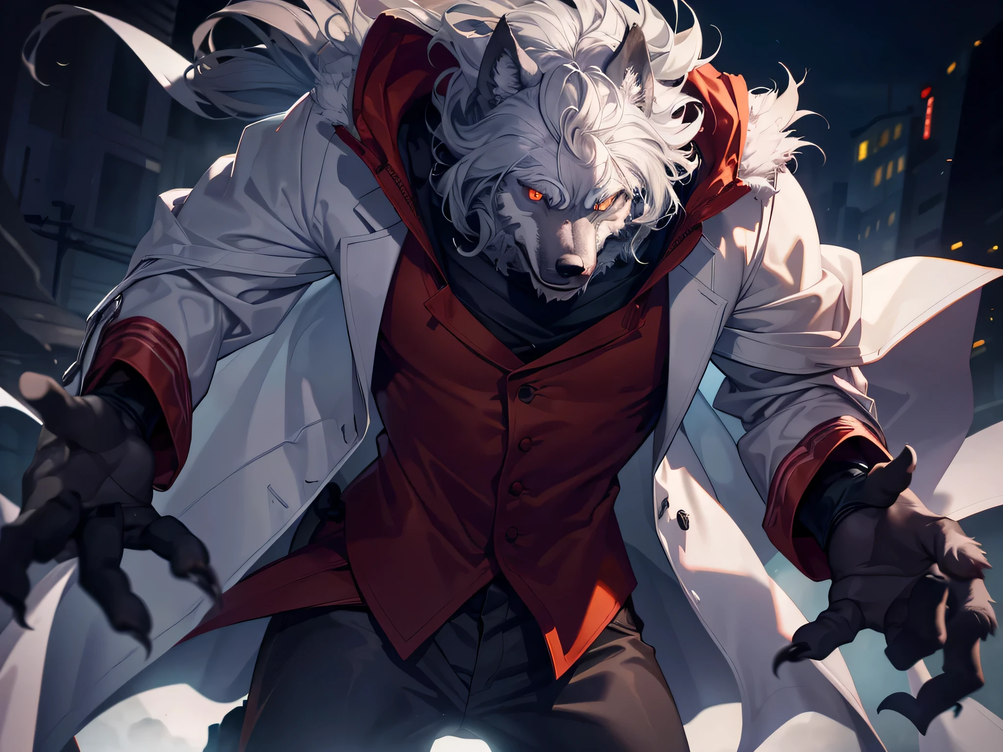 1 man (werewolf), gray fur, brown eye colors, glowing eyes, wearing labcoat, angry facial expression, face to detail, detailed eyes, the background is laboratory, perfect hands, full-body illustration