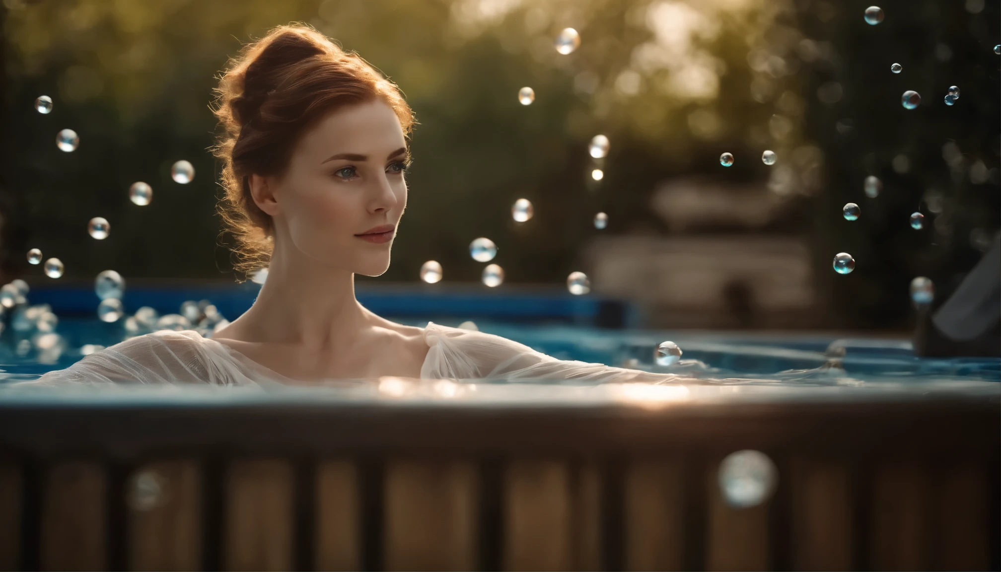 masterpiece, best quality, movie photos, digital art illustration, Beautiful 22 year old woman, pale skin, German, woman&#39;s body, dark ginger hair, very Bigger breasts, Bright Eyes, disciple, (((( Ultra-thin sheer fabric)))), (((Air bubbles on bare chest))), no crops, (Pool  background), Dark illustration style, (8k, Normal elements, lifelike. , sharp focus), complex background, Normal, rule of thirds, backlight, SLR camera, film grain, intricate details, Cup size g