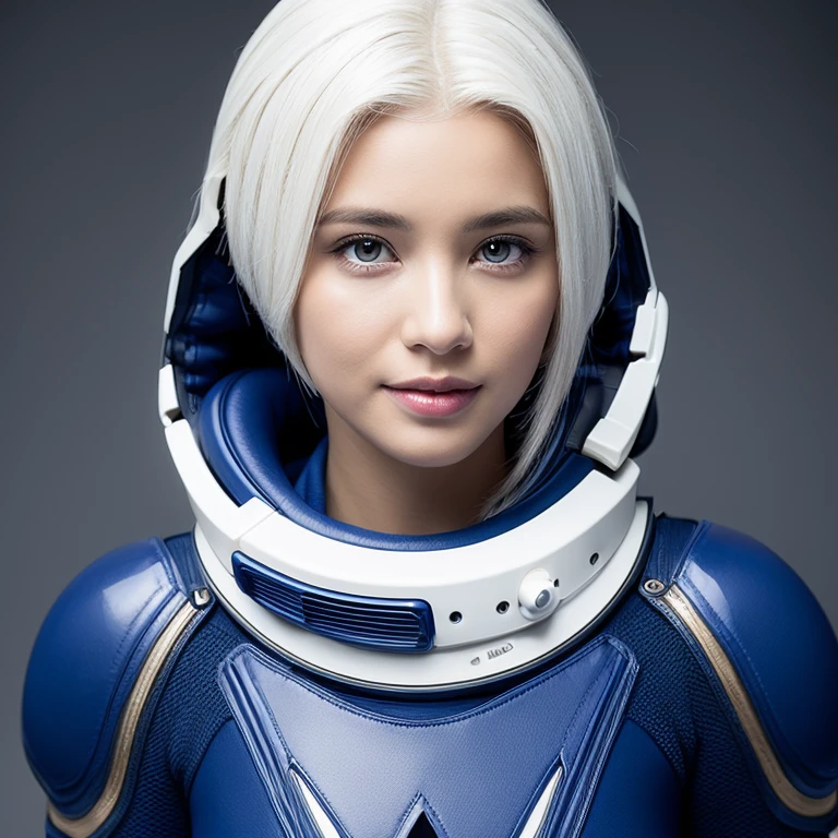 best quality, ultra high resolution, (realism: 1.4), depth of field, pretty face, (pure face_v1: 0.8), Half body, | | 1 girl, medium bust, (white hair: 1.3), innocent smile, natural makeup, | | | model pose, | | (space suit: 1.3), (blue colored armor: 1.3), Beautiful design, | | space background, Star_(Sky), moonlight, night, | |