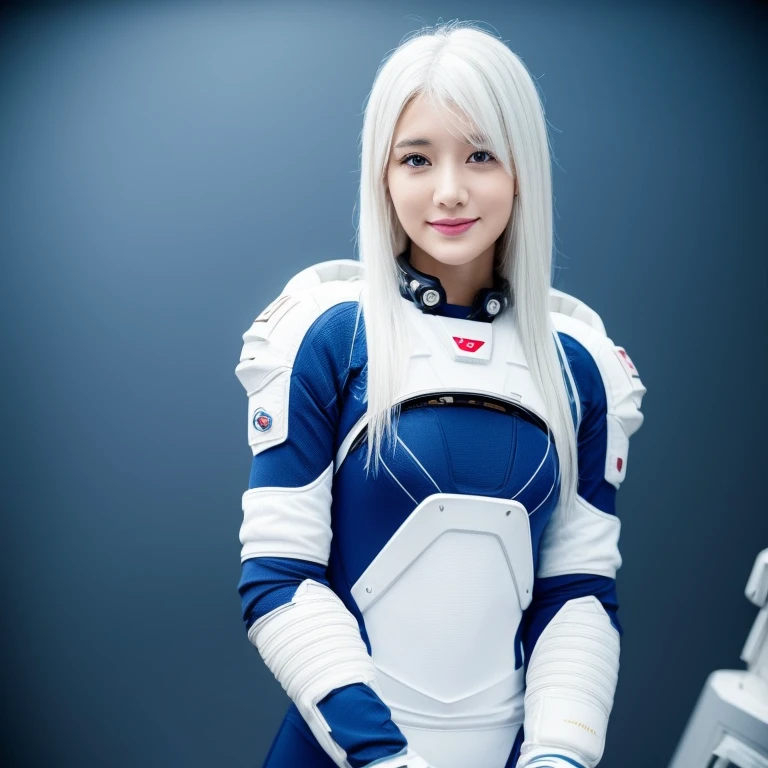 best quality, ultra high resolution, (realism: 1.4), depth of field, pretty face, (pure face_v1: 0.8), Half body, | | 1 girl, medium bust, (white hair: 1.3), innocent smile, natural makeup, | | | model pose, | | (space suit: 1.3), (blue colored armor: 1.3), Beautiful design, | | space background, Star_(Sky), moonlight, night, | |