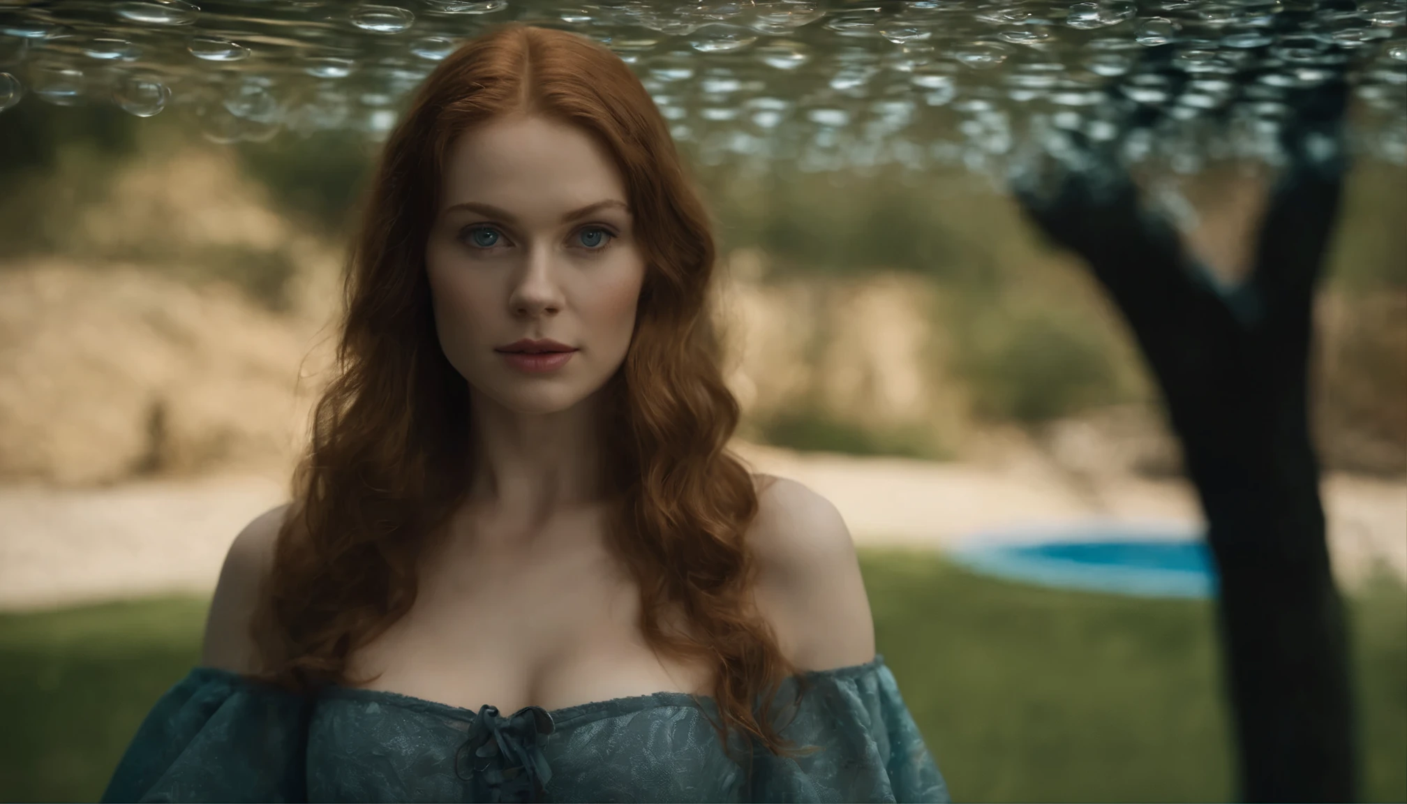 masterpiece, best quality, movie photos, digital art illustration, Beautiful 22 year old woman, pale skin, German, woman's body, dark ginger hair, very Bigger breasts, Bright Eyes, disciple, (((( Ultra-thin sheer fabric)))), (((Air bubbles on bare chest))), no crops, (Pool background), Dark illustration style, (8k, Normal elements, lifelike. , sharp focus), complex background, Normal, rule of thirds, backlight, SLR camera, film grain, intricate details, Cup size g