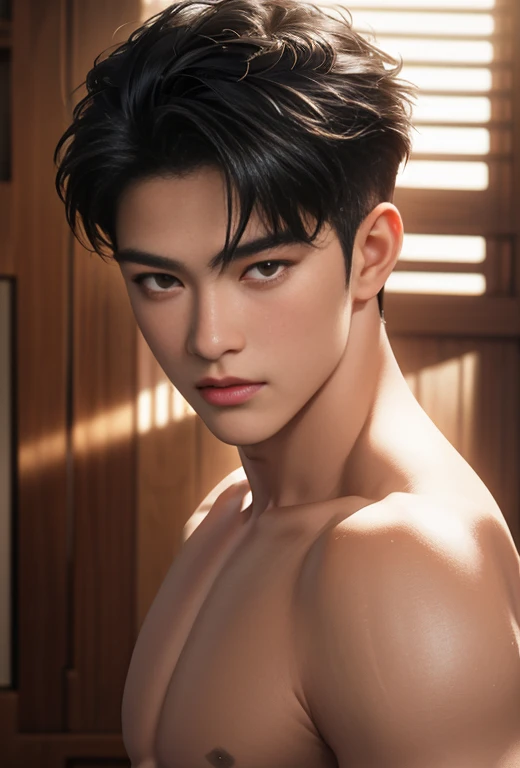 High quality, masterpiece, highly detailed, 8k, perfect face, perfect body, realistic, photogenic, man, Asian, young, black hair, comma hair cut style, handsome, detailed eyes, beautiful detailed nose, realistic body, realistic light, comfortable expressions, cute guy, sweat guy, cool guy, abs sixpack, model style