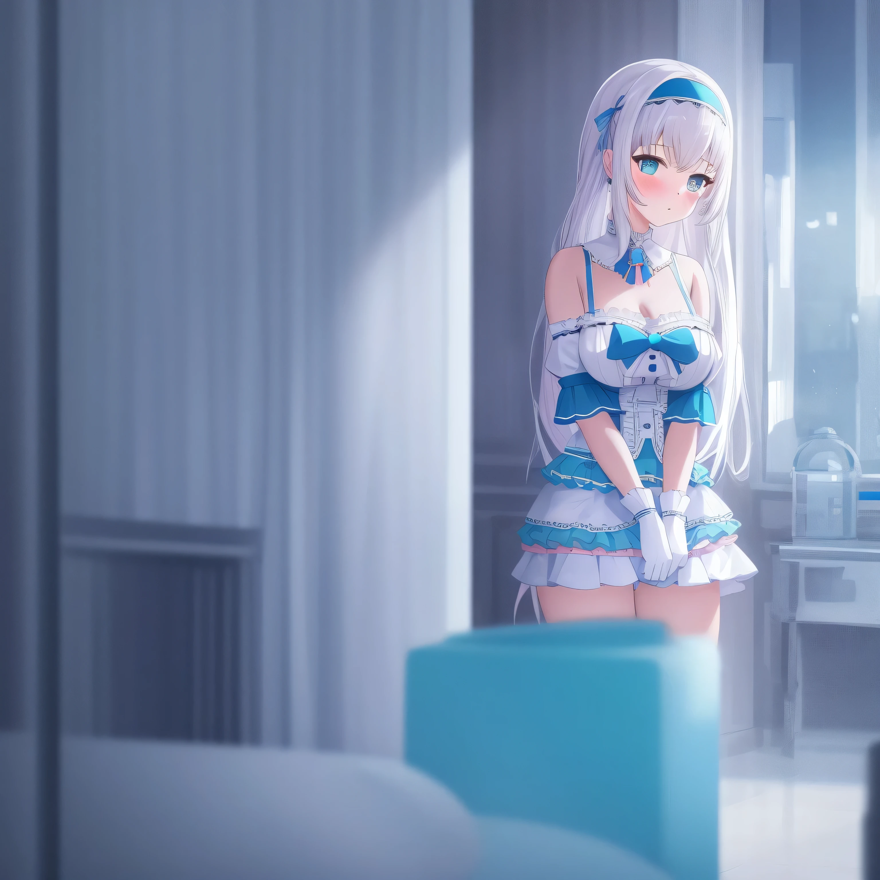 1 girl, underwear, alone, , White-haired_hair, hindquarters, Gloves, long_hair, boobgasm, blush, pink_, skirt, scarf, watch_exist_peeping exist the viewer, lie, only_shoulder, mediexisting_boobgasm, blue_Eye, White seeds_skirt, watch_Back, ground_meter, Turquoise blue_scarf, decorate, Back, closure_Mouth, drops of sweexist,