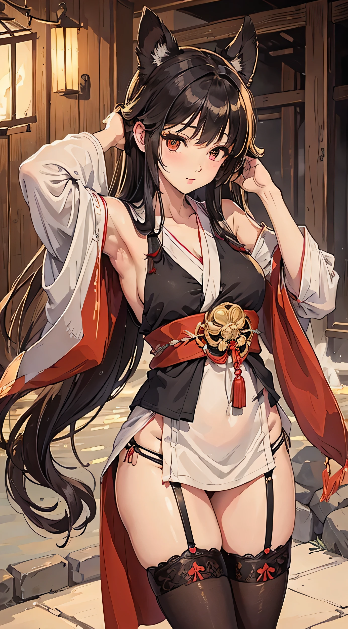 ((best quality)), ((masterpiece)), (detailed), perfect face, girl, dark hair, long hair, thigh high, Miko priestess, garter belt, onsen theme, hands behind head,