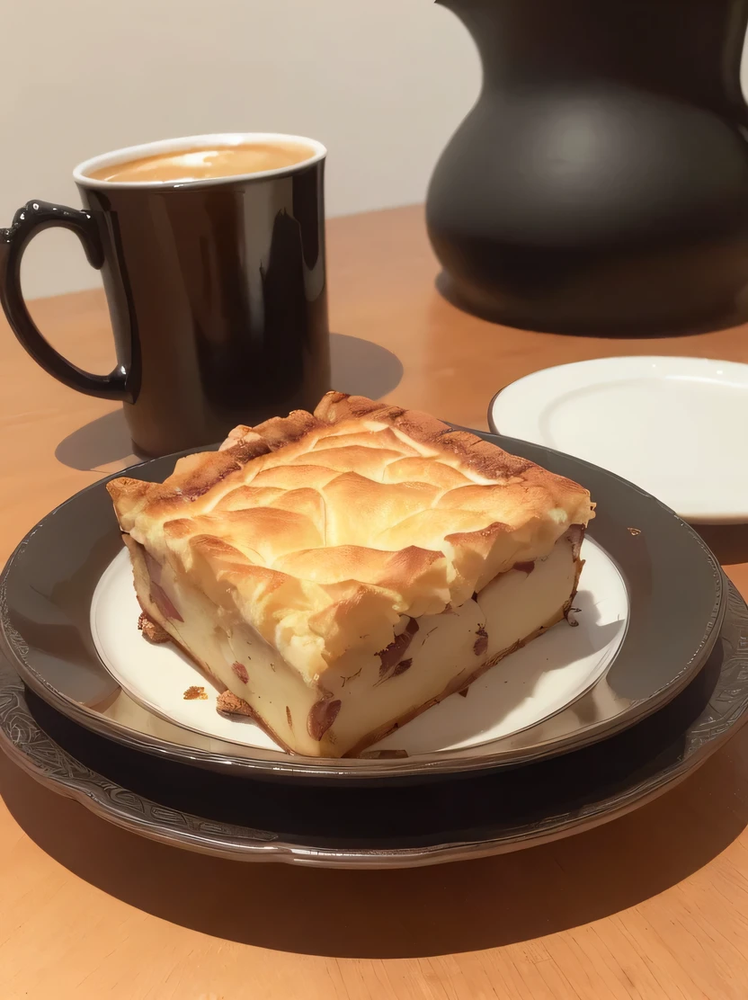 ((masterpiece、highest quality、Super detailed、High resolution、realistic、sharp focus))、((there are no humans))、high contrast、high color saturation、big bread pudding、Pastries、Coffee and mugs、coffee pot、hawk、stylish ceramic plate、Brick wall background、blurred background