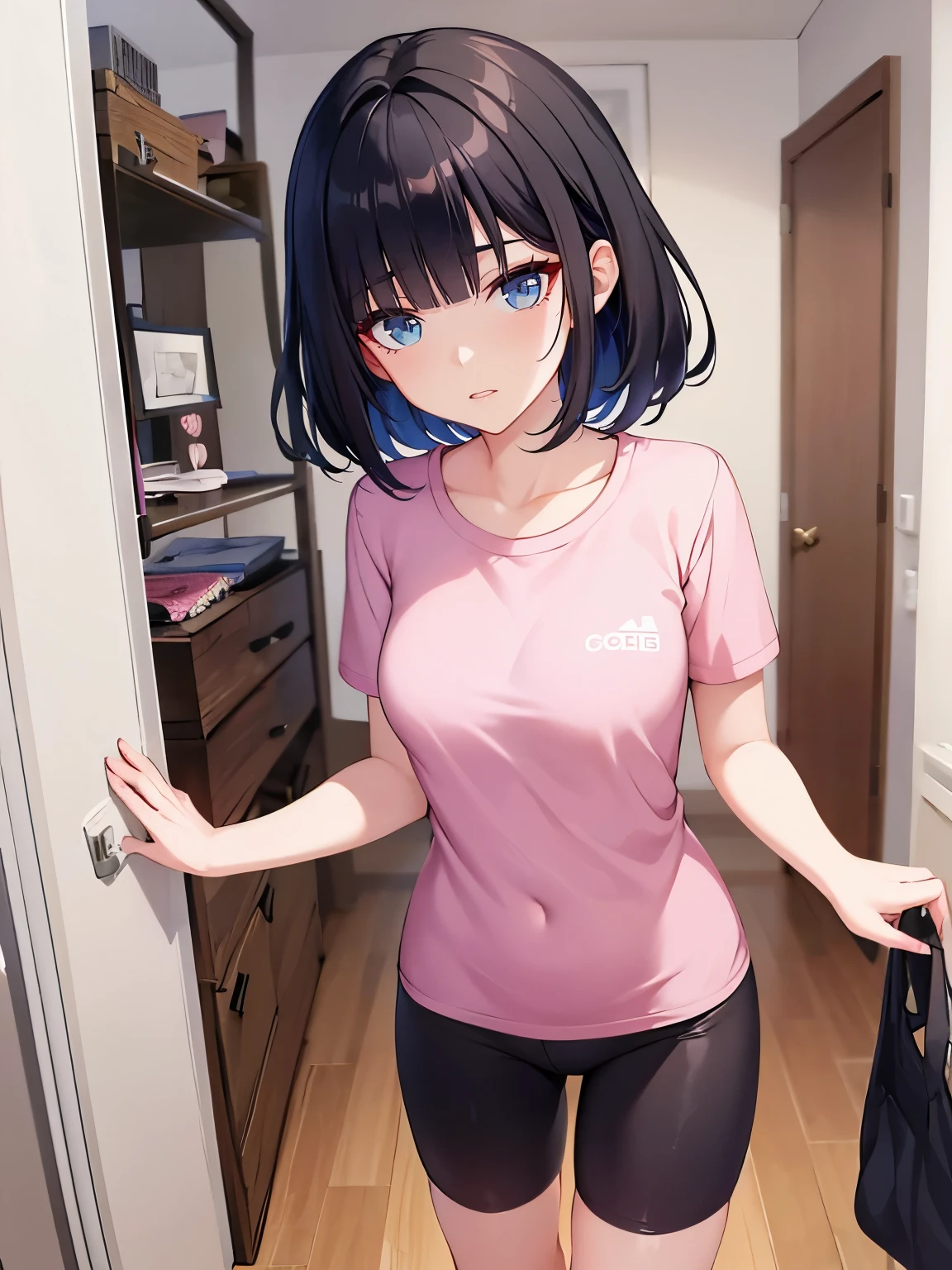 1girl, medium black hair, blue eyes, wearing plain pink shirt, short sleeves, bike shorts, bedroom, room, absurdres, high res, ultrasharp, 8K, masterpiece, looking at viewers, pov, upper body, 