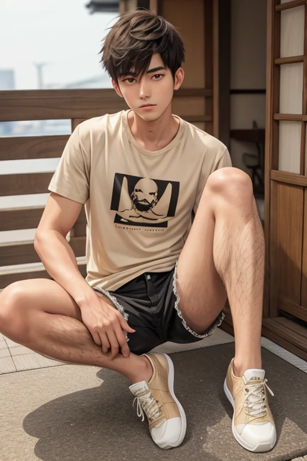 (super sharp focus), (((hairy legs))), hairy legs, toned legs, whole body, two block, messy shortt hair, long legs, Japan Male, 27 years old, wearing beige shorts, wearing a t-shirt, very short hair, black hair