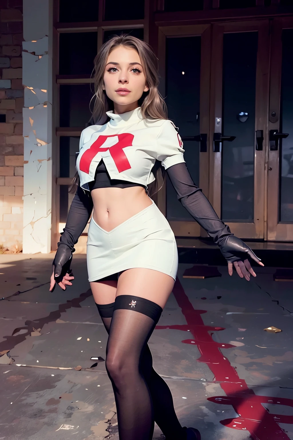 xoaeriel, a woman wearing team rocket,team rocket uniform,white skirt,red letter R,crop top,black thigh-highs,black elbow gloves,