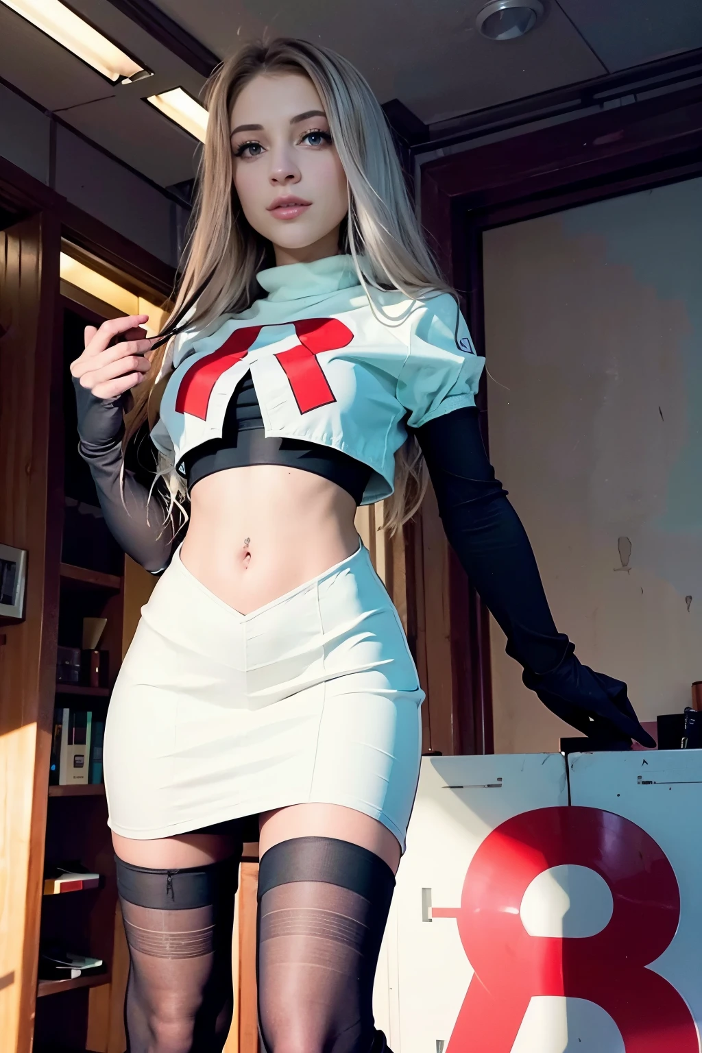 xoaeriel, a woman wearing team rocket,team rocket uniform,white skirt,red letter R,crop top,black thigh-highs,black elbow gloves,