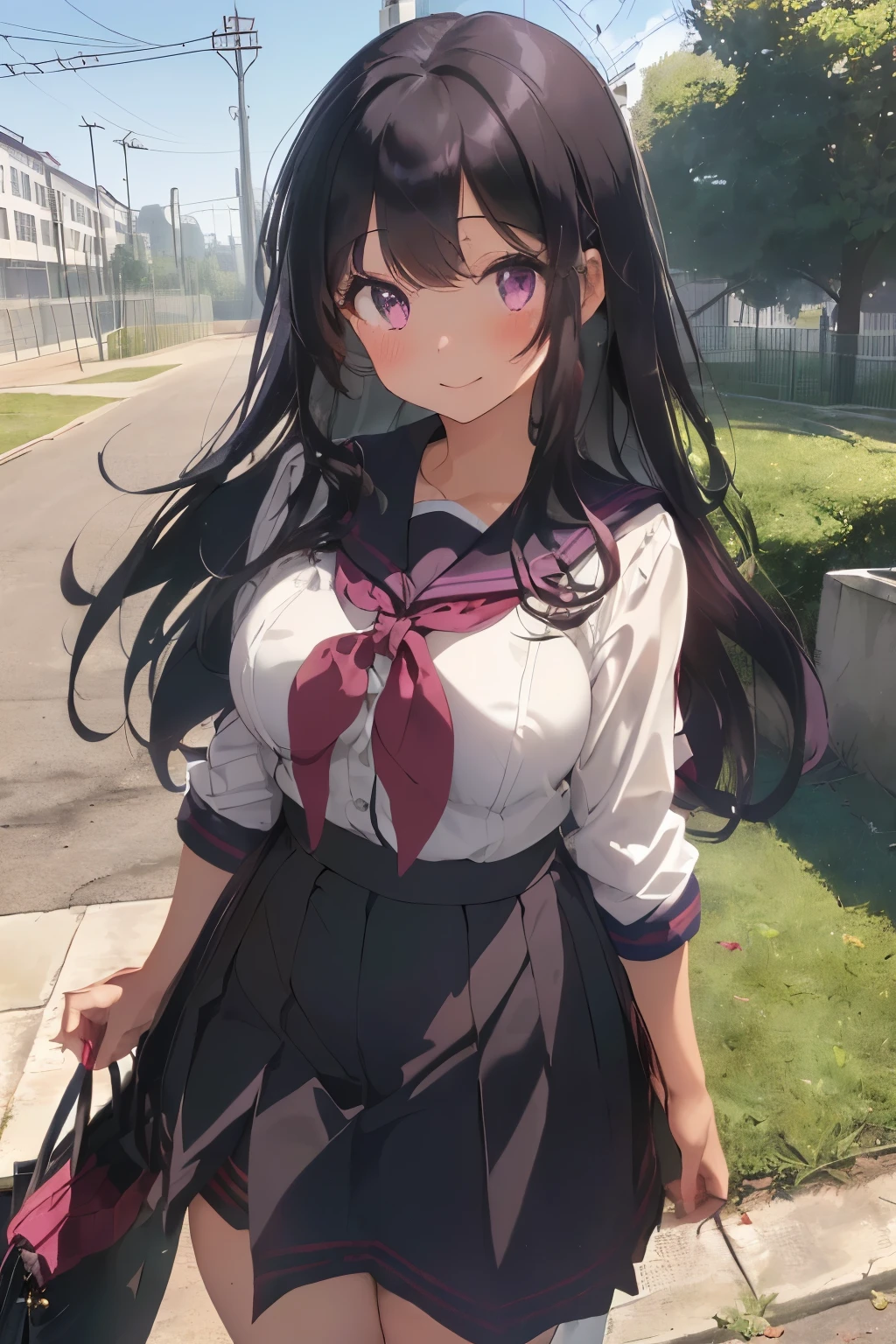 (black hair:1.2),(long hair with curls:1.2),(With bangs),(Reddish-purple eyes:1.3),blush,(sailor suit:1.3),(sailor suitのスカーフは赤:1.25),(The hem of the skirt is about knee length:1.3),(Skirt with slightly longer hem:1.25),(Pose like praying in front of your chest:1.25),(Puzzled face:1.2),(Looks a little happy:1.25),(plump breasts:1.3),(In front of the main gate of the school on a vast site:1.2),(Luxury gate with iron fence:1.25),(green school:1.2),