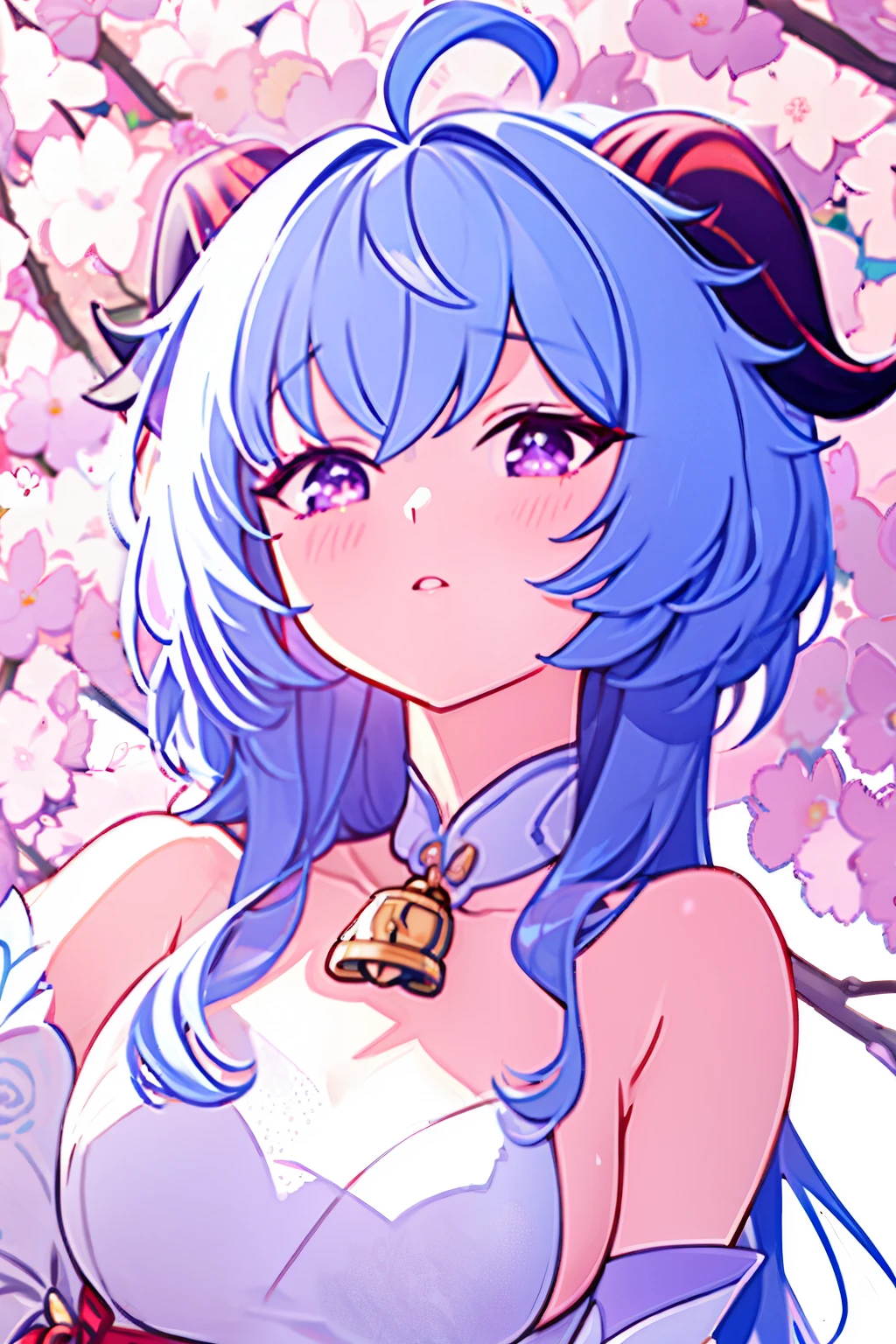 blue_hair, long_hair, bangs, horns, purple_eyes, ahoge, breasts, blush, goat_horns, sidelocks, bell, upper_body, medium_breasts, large_breasts, neck_bell,1girl,solo,short hair, off shoulder, collar bone, look at viewer, perfect fingers, armpit peek, Beautiful flowers bloom, (sparkles), (There is a blooming sakura),standing under a tree, (head looking up), Look at the tree, Natural soft light, macaron, Still ethereal, Crisp and smooth lines, radiant morning light, soft luminescent glow, casual clothes