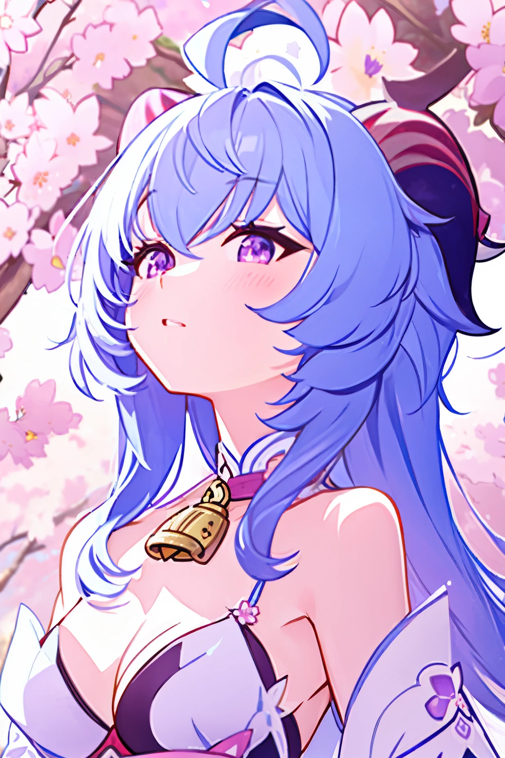 blue_hair, long_hair, bangs, horns, purple_eyes, ahoge, breasts, blush, goat_horns, sidelocks, bell, upper_body, medium_breasts, large_breasts, neck_bell,1girl,solo,short hair, off shoulder, collar bone, look at viewer, perfect fingers, armpit peek, Beautiful flowers bloom, (sparkles), (There is a blooming sakura)，standing under a tree, (head looking up), Look at the tree, Natural soft light, macaron, Still ethereal, Crisp and smooth lines, radiant morning light, soft luminescent glow, casual clothes