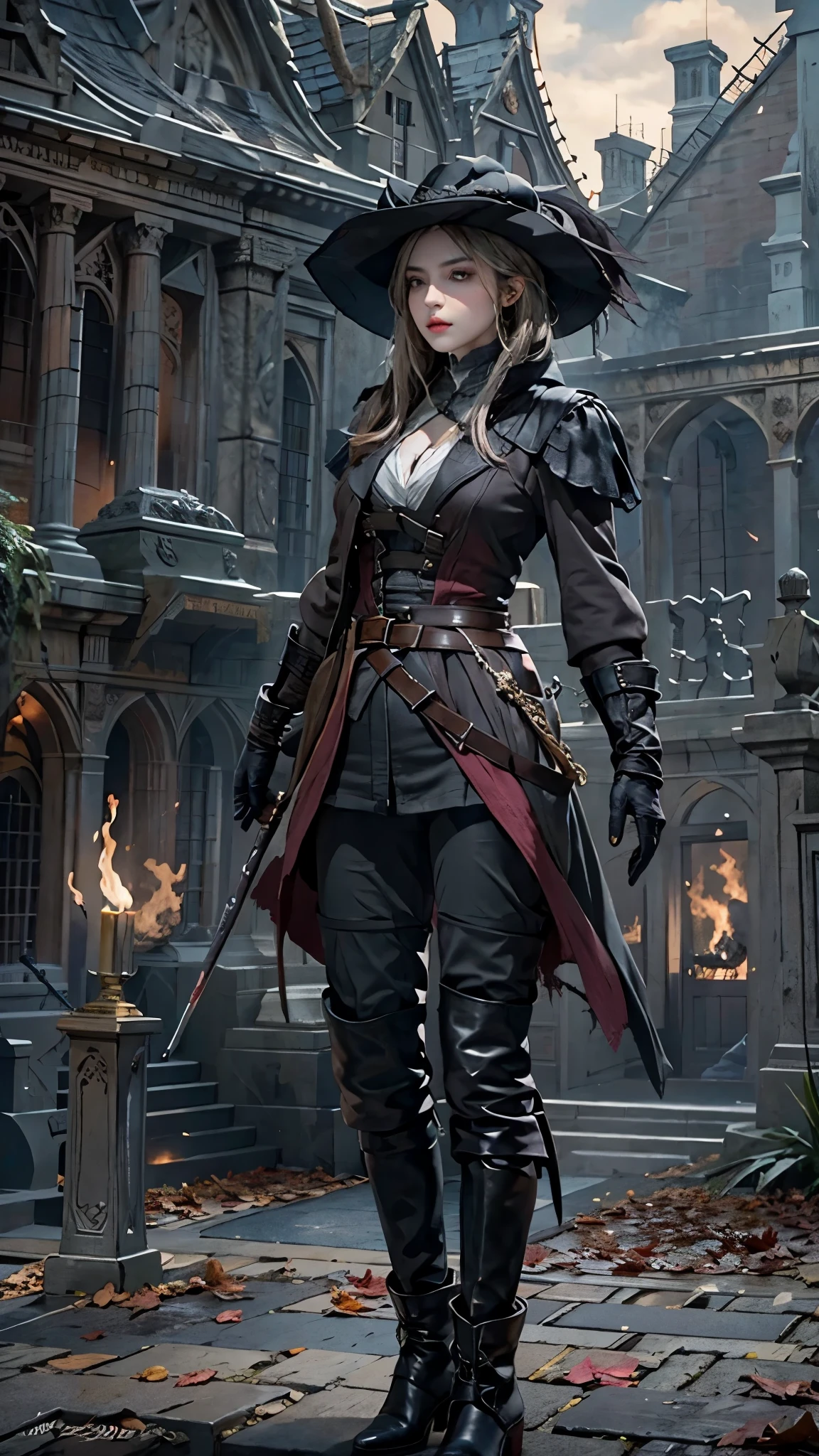 lifelike, high resolution, soft light,1 female, alone, Buttocks up, look at the audience, (Detailed face), Bangs, edgBB, black gloves, belt, coat, torn clothes, Capulet, handguard, Vambraces, black Capulet, hunters (Bloodborne curse), Woman in edgBB_full outfit, outdoor, gothicarchitecture, jewelry