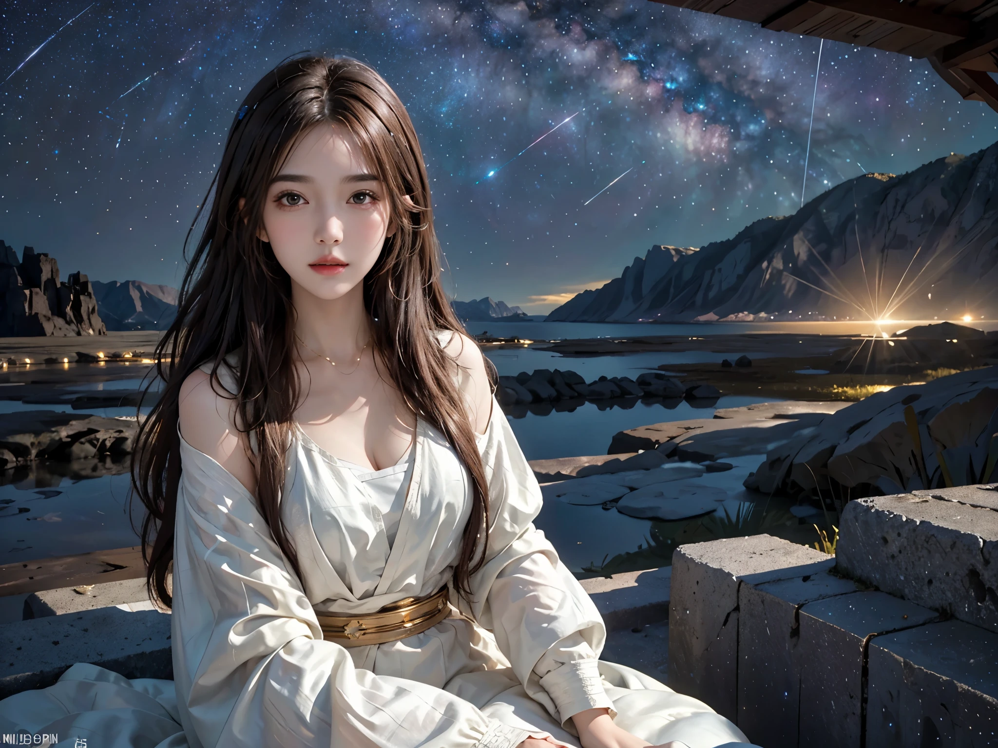 high detail, Super details, ultra high resolution, Girls enjoy time in the dreamy galaxy, surrounded by stars, Warm light shines on her body, The background is starry sky，There are colorful galaxies and galaxy clouds, Stars are flying around her, delicate face, Add a playful atmosphere , 