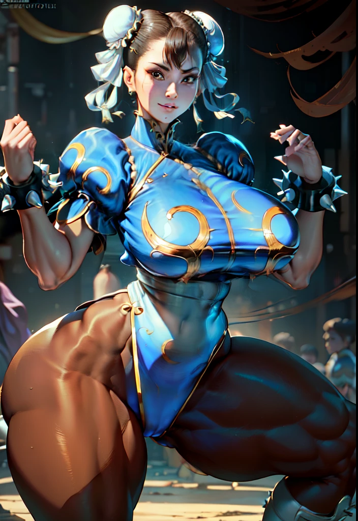 (masterpiece), (best quality), 8k resolution, ultra-detailed, hyper-detailed, realistic, photograph, photorealism, (1girl), Chun Li, Chun Li costume, perfect body, smile, posing for photo, huge breasts, muscles, thick thighs, thick legs, wide hips, slim waist, hourglass figure, (full body)(topless:1.3)