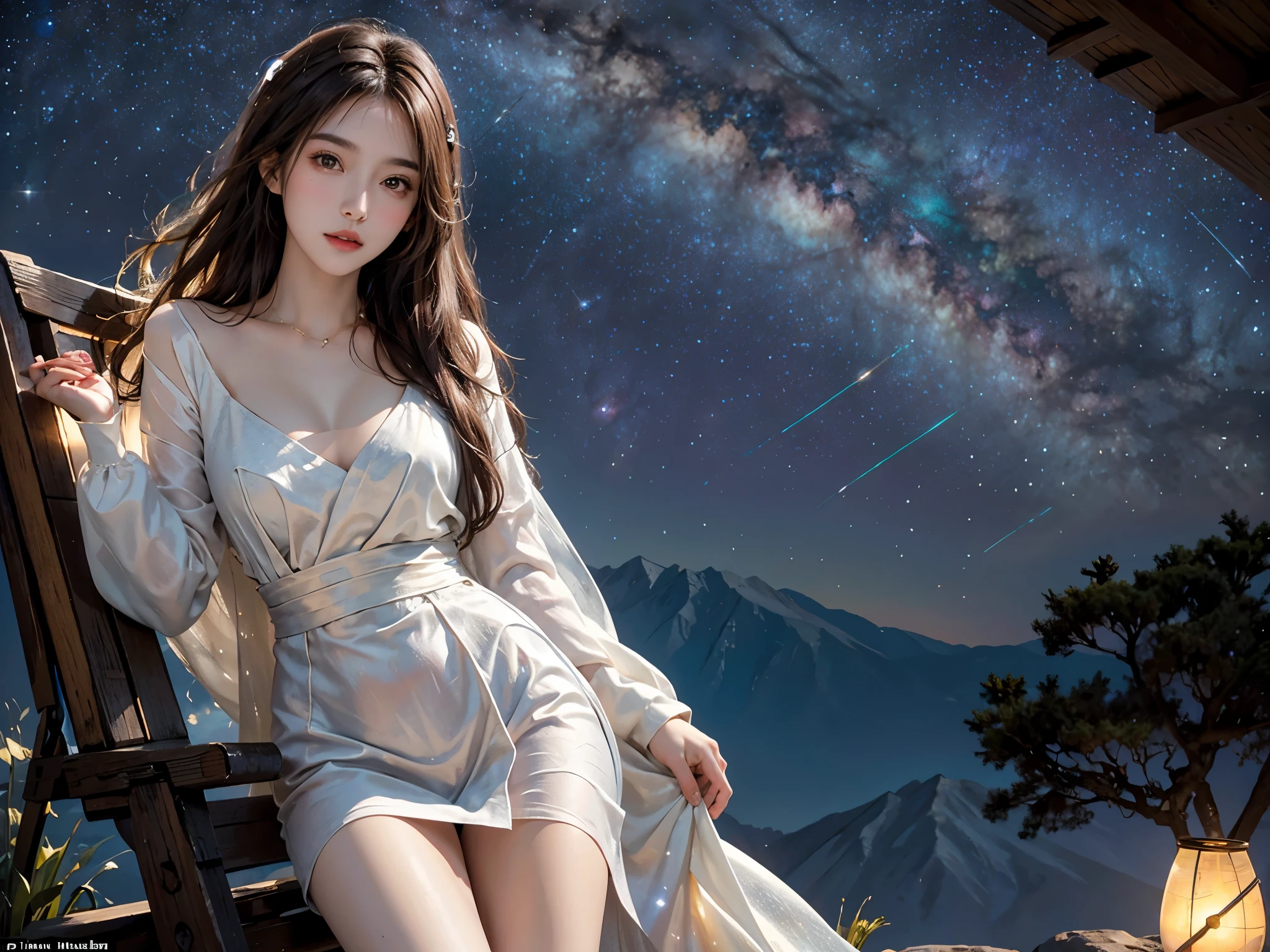 high detail, Super details, ultra high resolution, Girls enjoy time in the dreamy galaxy, surrounded by stars, Warm light shines on her body, The background is starry sky，There are colorful galaxies and galaxy clouds, Stars are flying around her, delicate face, Add a playful atmosphere , 