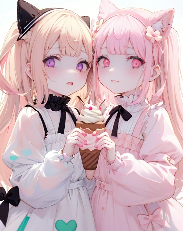 ((2 girls)), Half body, portrait, ice cream, napolitan flavor,bow lolita((color palette: Brown, pink, vanilla off-white，A little red accent))。 Another girl cake Harajuku style（color palette：Light purple chocolate mint green with a little blue accents） Sweet and perfect details