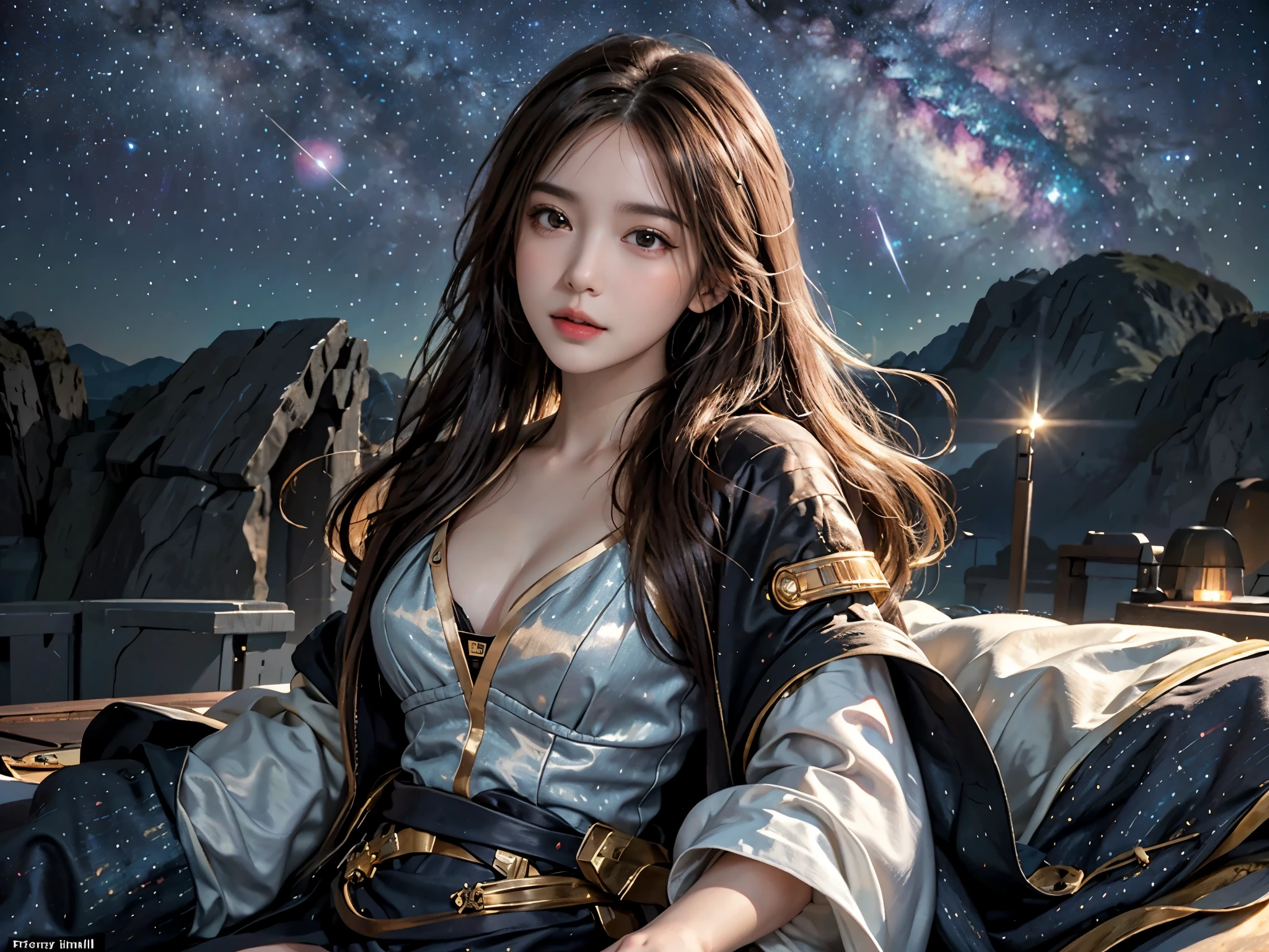 high detail, Super details, ultra high resolution, Girls enjoy time in the dreamy galaxy, surrounded by stars, Warm light shines on her body, The background is starry sky,There are colorful galaxies and galaxy clouds, Stars are flying around her, delicate face, Add a playful atmosphere ,