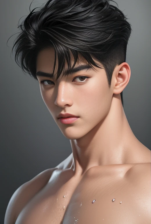 High quality, masterpiece, highly detailed, 8k, perfect face, perfect body, realistic, photogenic, man, Asian, young, black hair, comma hair cut style, handsome, detailed eyes, beautiful detailed nose, realistic body, realistic light, comfortable expressions, cute guy, sweat guy, cool guy, abs sixpack, model style