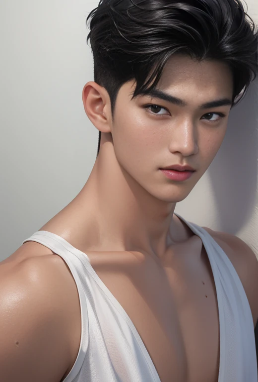 High quality, masterpiece, highly detailed, 8k, perfect face, perfect body, realistic, photogenic, man, Asian, young, black hair, comma hair cut style, handsome, detailed eyes, beautiful detailed nose, realistic body, realistic light, comfortable expressions, cute guy, sweat guy, cool guy, abs sixpack, model style