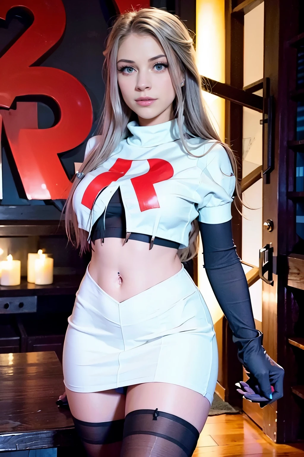 xoaeriel, a woman wearing team rocket,team rocket uniform,white skirt,red letter R,crop top,black thigh-highs,black elbow gloves,