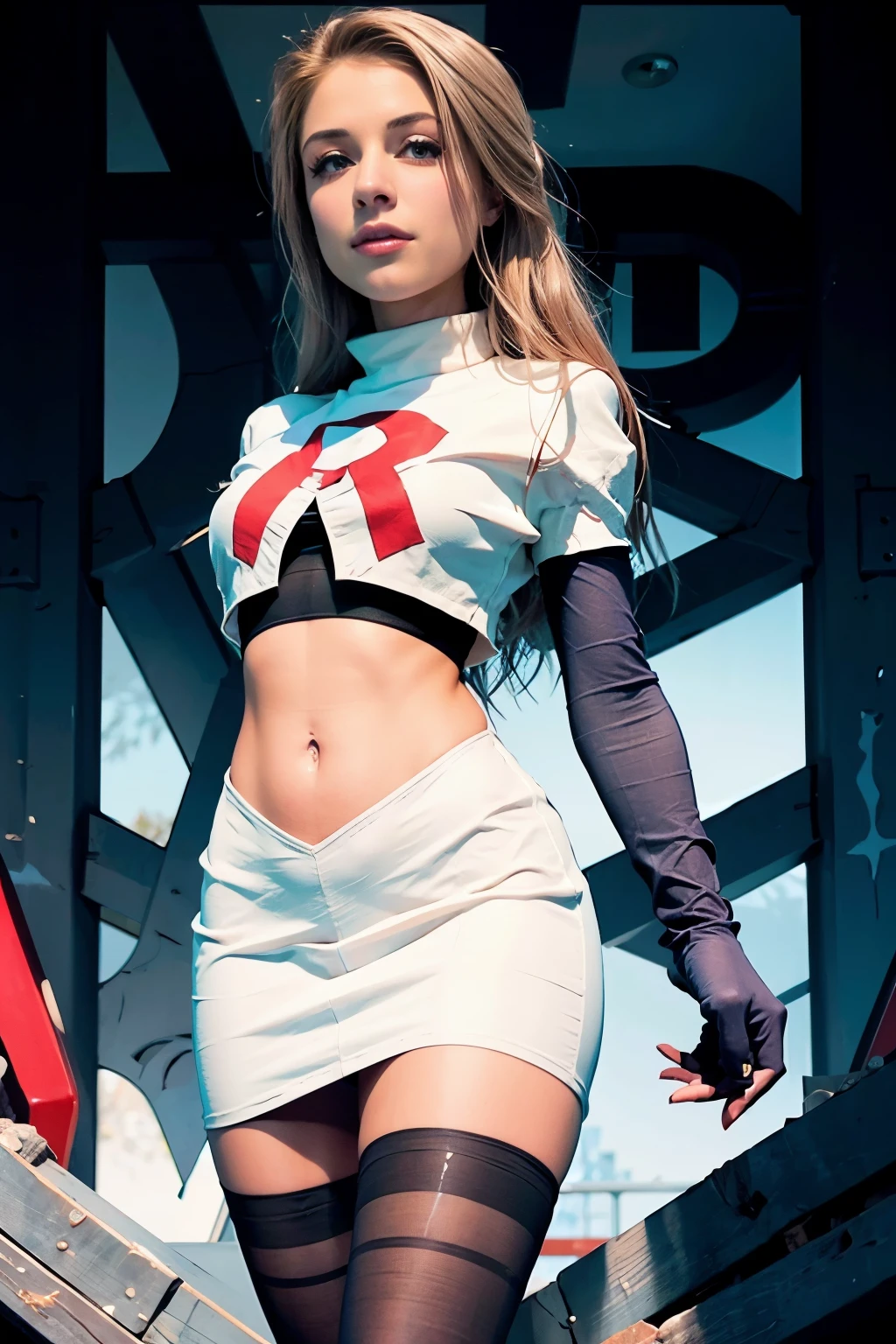 xoaeriel, a woman wearing team rocket,team rocket uniform,white skirt,red letter R,crop top,black thigh-highs,black elbow gloves,
