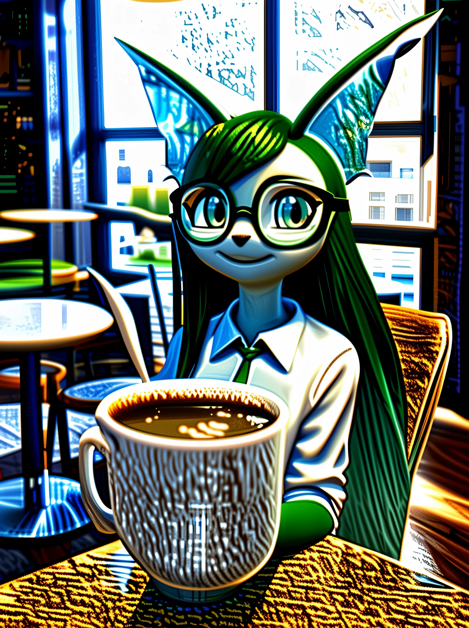 ((best quality)), ((masterpiece)), (detailed), perfect face, solo, anthro, mammal, , long hair, 3d (artwork), female, grey background, clothing, hi res, fur, background, clothed, digital media (artwork), celebi, smile, portrait, glasses, cafe, drinking coffee, window, photorealistic, fairy