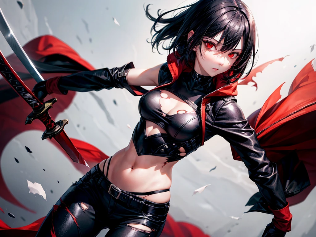 sexy skinny girl, red eyes, with torn clothes, short black hair, with a sword