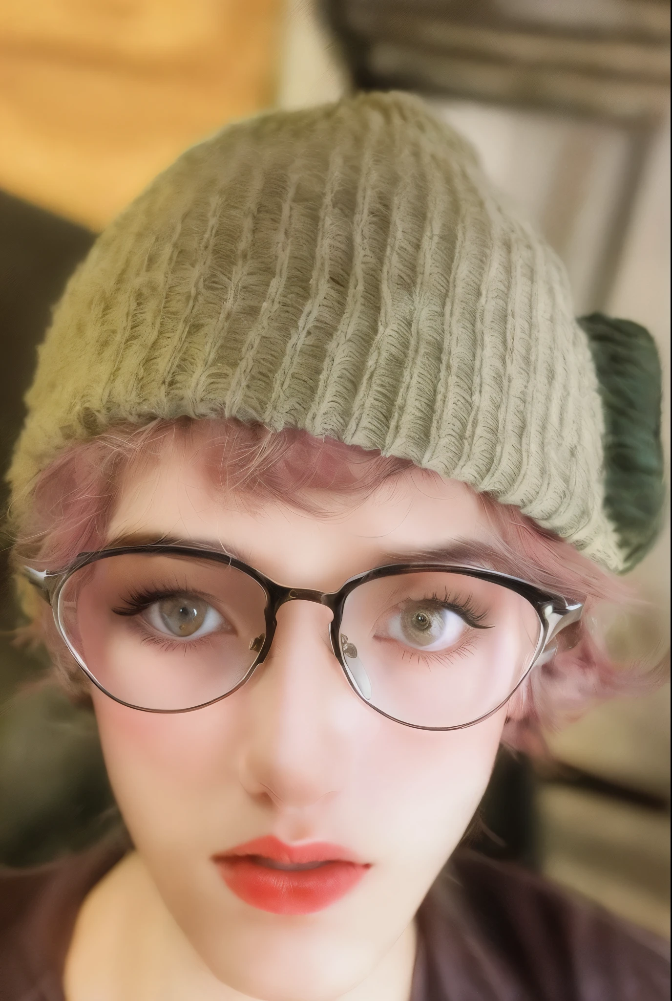 arafed woman with glasses and a hat with a cat on it, pale skin and purple eyes, wearing thin large round glasses, spectacled, wearing small round glasses, wearing round glasses, thick glasses, with glasses, wearing black rimmed glasses, looks a blend of grimes, looks like a mix of grimes, nerdy glasses, girl wearing round glasses