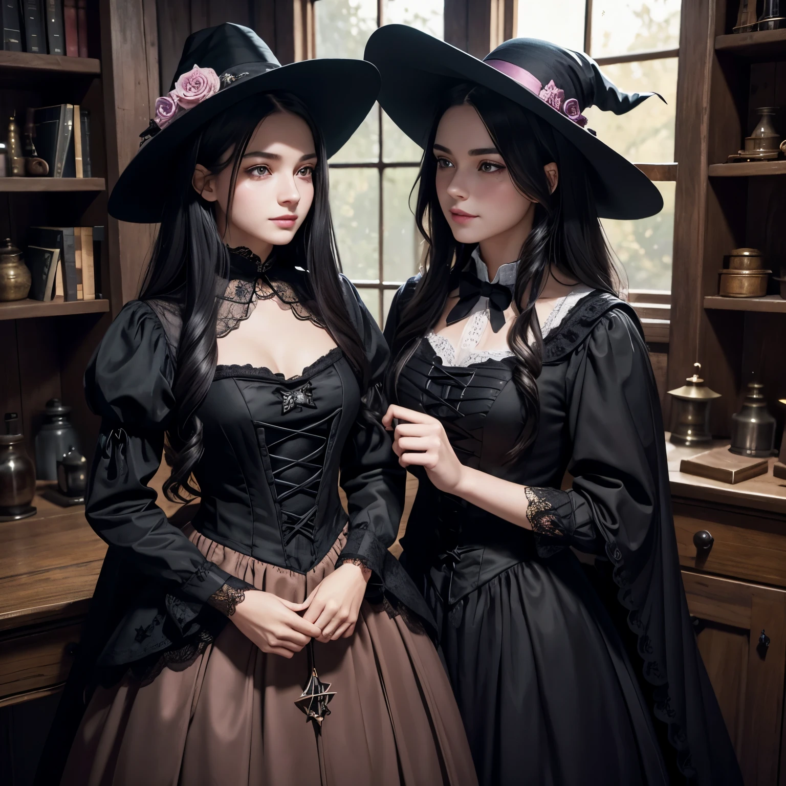 best quality,ultra-detailed,realistic,photorealistic,pink-eyed,long black hair,girl looks happy,beautiful detailed eyes,beautiful detailed lips,long eyelashes,best quality portrait painting,detailed,physically-based rendering,ultra-fine painting,fine details,painting,a teenage boy has joined a witch coven and gets magically transformed into a cute teenage witch girl,gender bending,witches are helping putting clothes on the new girl,girl happily getting dressed in a stunning black victorian dress, physically-based rendering,gorgeous dress design,flowing gown,elaborate lace details,rich textures,contrast stitching,delicate ribbon bows,floral accents,full skirt,high neckline,long sleeves,fitted waistline,flared cuffs,lace-up back,imperfect fabrics,flawless silhouette,high heels, pink-eyed girl,effeminate face,pointy hat,long black hair,witches assisting in dressing up the new girl,promptly helps the new girl getting dressed in a stunning black Victorian dress, in a old wooden dark cabin with worned out furniture, magic sparkles, magic pot, potions on a shelf, pentagram, high resolution, 4K, 8K