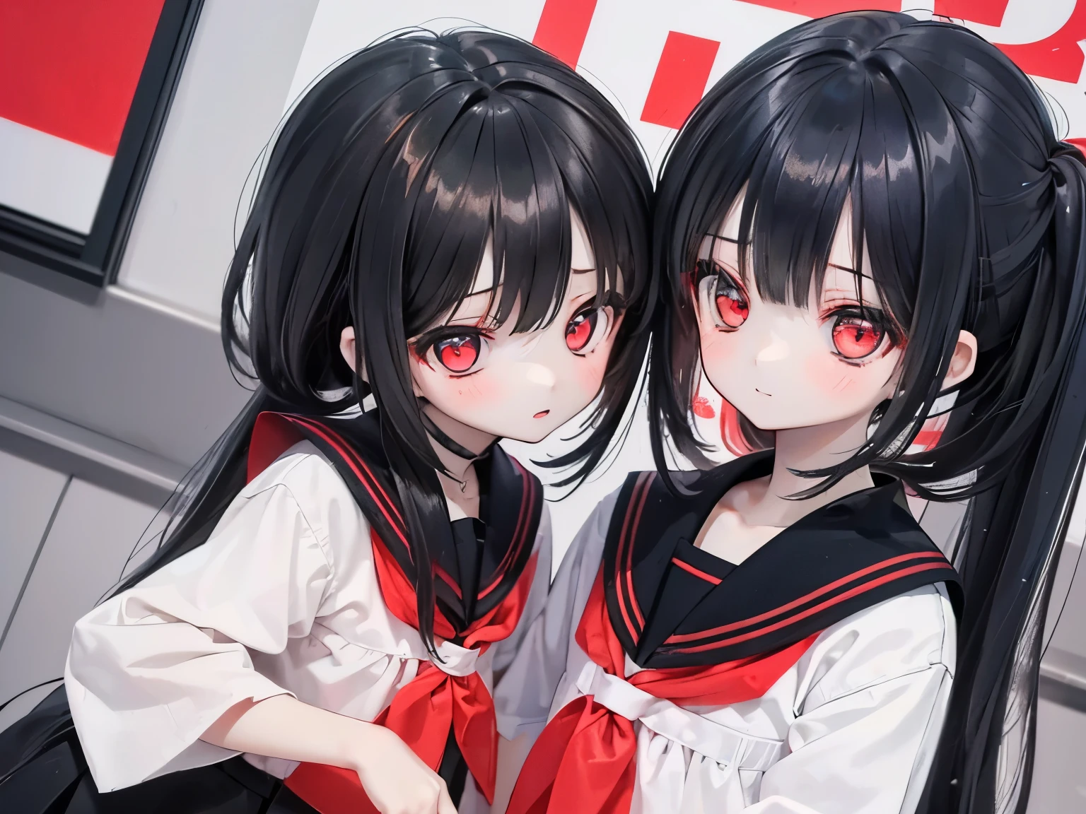 (((siblings, 1boy, 1girl))). The girl with long black hair and bright red eyes, wearing a Japanese school uniform, expressionless. The boy with messy black hair and bright red eyes, wearing a Japanese school uniform, smiling. classroom setting, daytime,