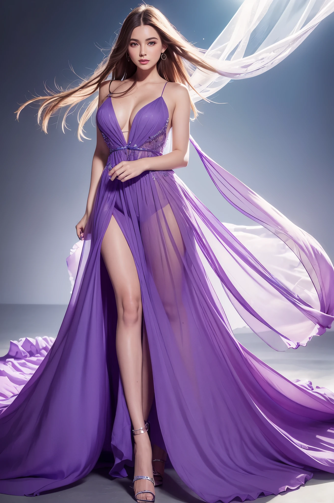 High class but not sexy,Mesh,chiffon,Organza skirt,Close-up of a woman wearing a purple dress walking on the runway, flowing sparkling fabric,A skirt like a petal, beautiful flowy fabric, futuristic and ethereal, Vibrant fantasy style, flowy fabric, Endlessly flowing flowing curtains, magic dress, Colorful and fantastical clothing, draped in flowy fabric, high fashion fashion, flowing robe, blue spin dress, long flowy fabric, ethereal essence,high detail, Conceptual art, Classicism, bloom, film grain, UHD, masterpiece, super detail, textured skin, high details, high quality, best quality, highres,The state of walking,