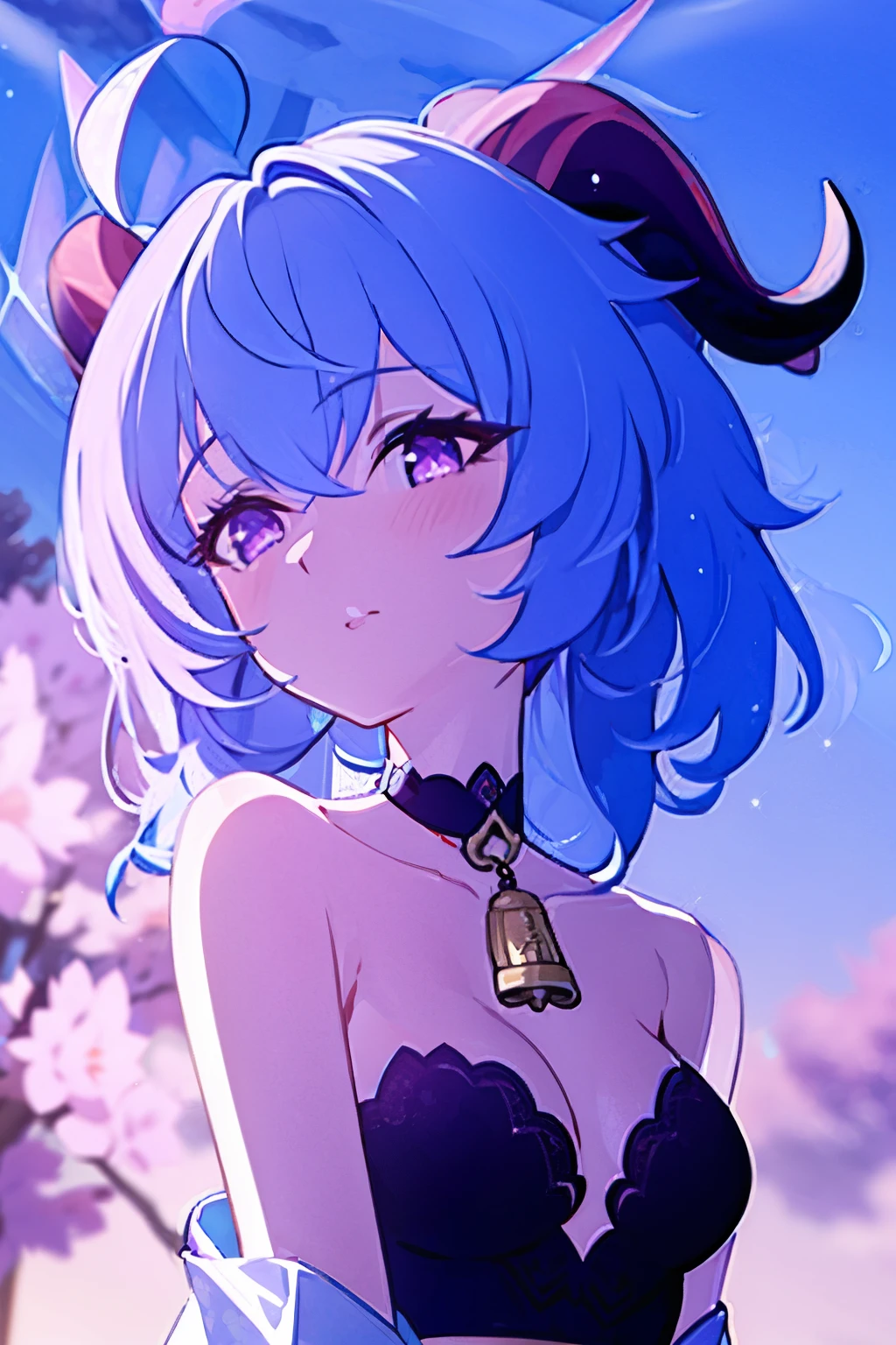 blue_hair, long_hair, bangs, horns, purple_eyes, ahoge, breasts, blush, goat_horns, sidelocks, bell, upper_body, medium_breasts, large_breasts, neck_bell,1girl,solo,short hair, off shoulder, collar bone, look at viewer, perfect fingers, armpit peek, Beautiful flowers bloom, (sparkles), (There is a blooming sakura)，standing under a tree, (head looking up), Look at the tree, Natural soft light, macaron, Still ethereal, Crisp and smooth lines, radiant morning light, soft luminescent glow, casual clothes, night