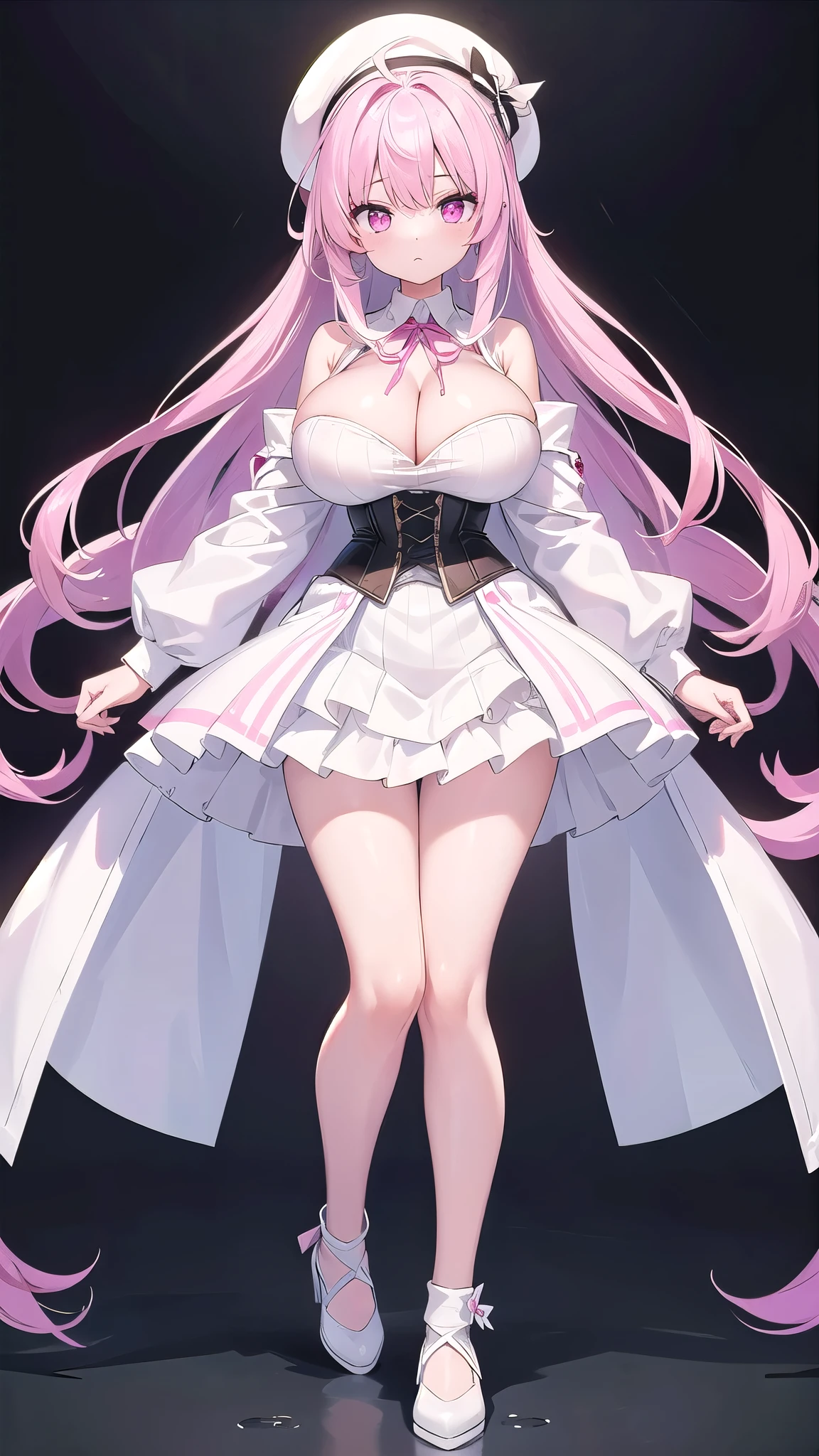 1 girl, game cg, white dress, cleavage visible, shoulders visible, corset, white short skirt, white jacket, neck ribbon, white beret,((gigantic breasts)), pink hair, long hair, straight hair, ahoge, pink eyes , white background, standing, full body, from front, looking at viewer, expressionless,