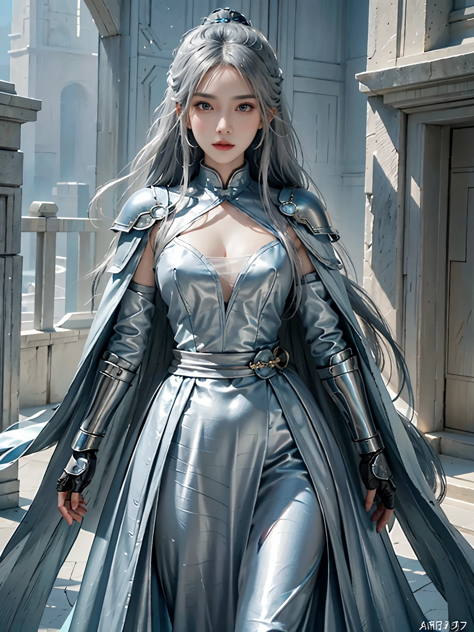 a close up of a woman in a silver and blue dress, chengwei pan on artstation, author：Yang Jie, detailed fantasy art, Stunning character art, Best Art Sites for Fan Art, Epic and beautiful character art, beautiful armor, Extremely detailed Artgerm, Detailed digital animation art, artgerm on artstation pixiv, Armor girl