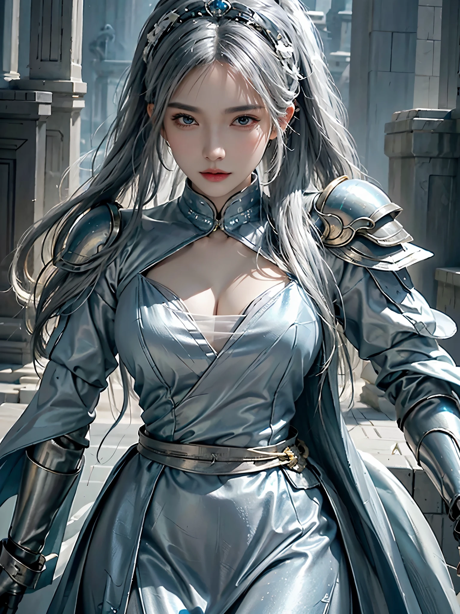 a close up of a woman in a silver and blue dress, chengwei pan on artstation, by Yang J, detailed fantasy art, stunning character art, fanart best artstation, epic exquisite character art, beautiful armor, extremely detailed artgerm, detailed digital anime art, artgerm on artstation pixiv, armor girl
