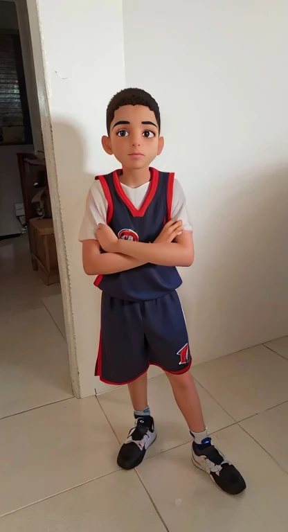 melhor qualidade)), ((obra de arte)), (detalhado), rosto perfeito, menino de 11 anos, vestindo roupa de basquete, looking like cartoon caracter.