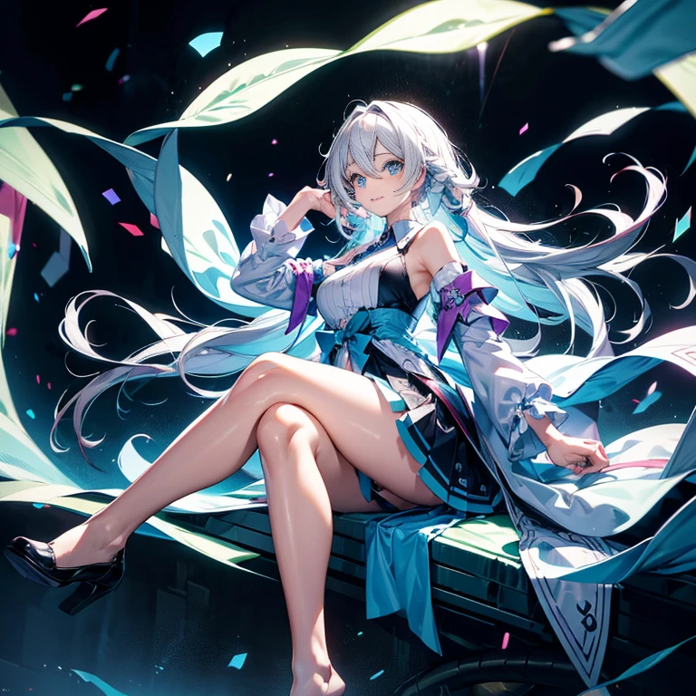 hatsune Miku、(ultra Realistic), (An illustration), (Highres), (8K), (highlydetailed), (the best illustration), (Beautiful Detailed Eyes), (beste Quality), (Super Detailed), (Master peace), (Wallpapers), (Detailed Face), solo, 1girl, Aristocratic dresses、White hair, Iris heterochromatic eyes, small moles under eye, medium chest, Long legs,Stunning composition,Foot braids,Beautiful and detailed legs 