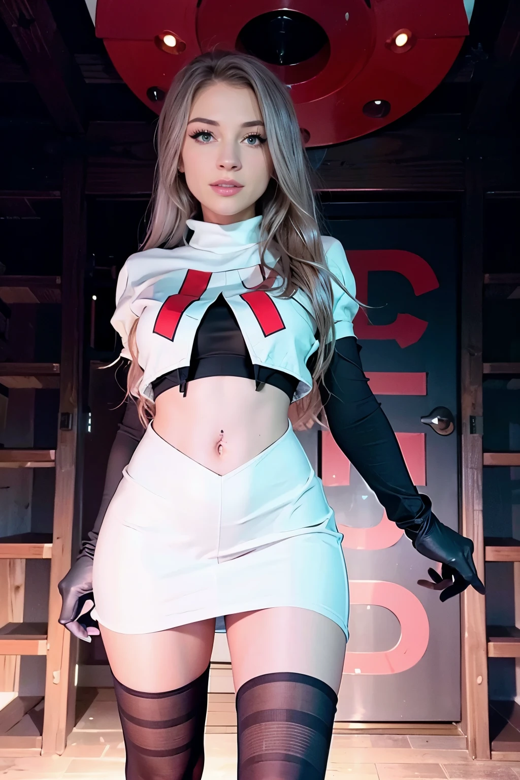 xoaeriel, a woman wearing team rocket,team rocket uniform,white skirt,red letter R,crop top,black thigh-highs,black elbow gloves,