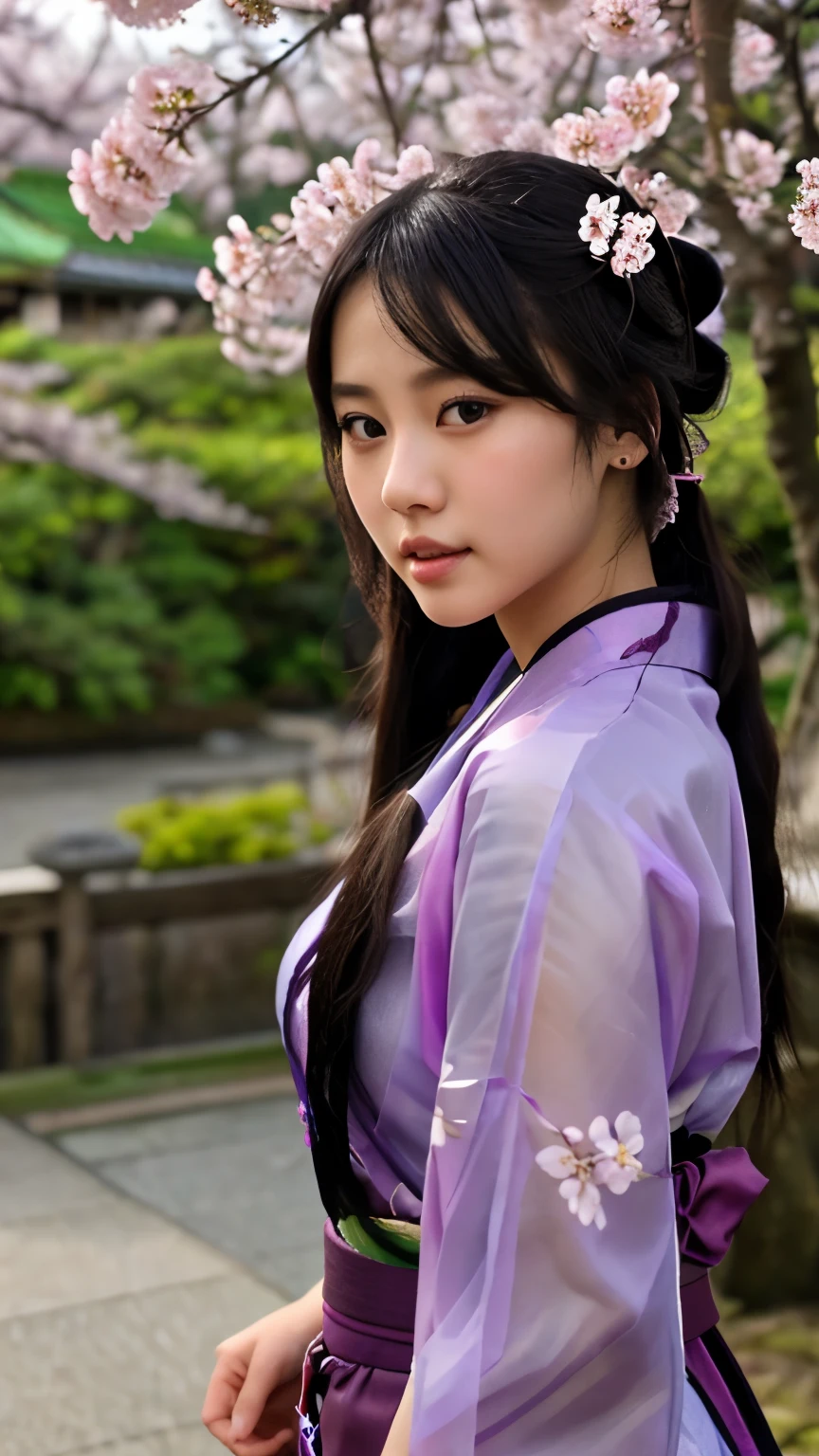 最high quality、high quality、best image quality、8K、最High resolution、High resolution、最high quality、masterpiece、realistic pictures、RAW photo、realistic atmosphere、(detailed face)、(fine hands、thumb1reference4)、(beauty of japan )、very nice face、cute face、((beautiful japanese girl))、(woman), ((18 year old beautiful girl))、(glossy black hair)、(straight long hair)、(ponytail)、whole body、slim style、(shiny skin)、(Fair skin, Glossy skin)、real human skin、realistic human body structure、perfect body, perfect face, perfect hands, perfect fingers, perfect lips, perfect eyes,perfect teeth、perfect background, perfect atmosphere,look at the camera、 soft natural light、samurai kimono、maiko kimono、servant、geisha kimono、japanese kimono、Furisode、kimono、Yukata、japanese traditional、Samurai Residence、Japanese garden、((colorful transparent see-through(flowery kimono、Hakama with side slits))、((Under the tree where plum blossoms are in full bloom(Poses that make your thighs look sexy))