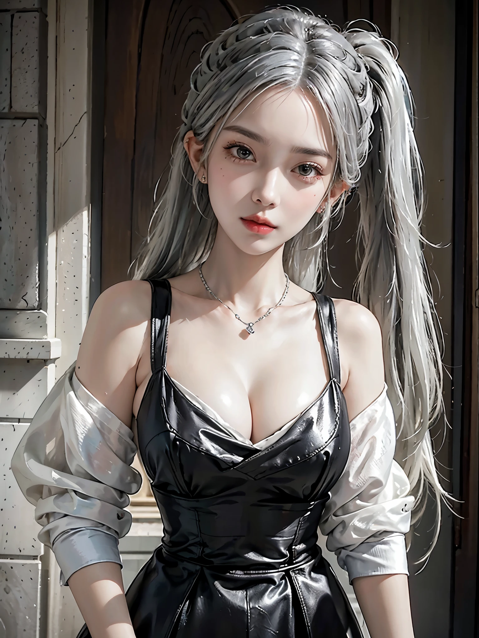 high quality, Rich in details, Silver-haired girl with twin ponytails posing cutely. They wear retro gothic clothes, Wear a bracelet, earrings and necklaces. You can even see it. The photo is a close-up of the face, There is cleavage, shiny breasts, Sweating of cleavage, and sexy breath.