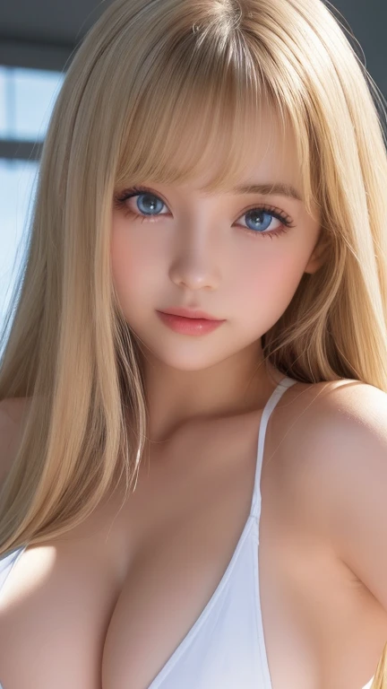 Transparent white glossy skin、Windy hair gets in the way in front of my cute face、huge boobs、20 year old cute sexy little beautiful face、Beautiful straight hair that stands out、big breasts, Shining light blue eyes、very big eyes、Long silky bangs covering cute eyes, Sexy Face Hide Hair Super Long Hair Sexy Cute Young Blonde Woman Long Blonde Shiny Bright Hair