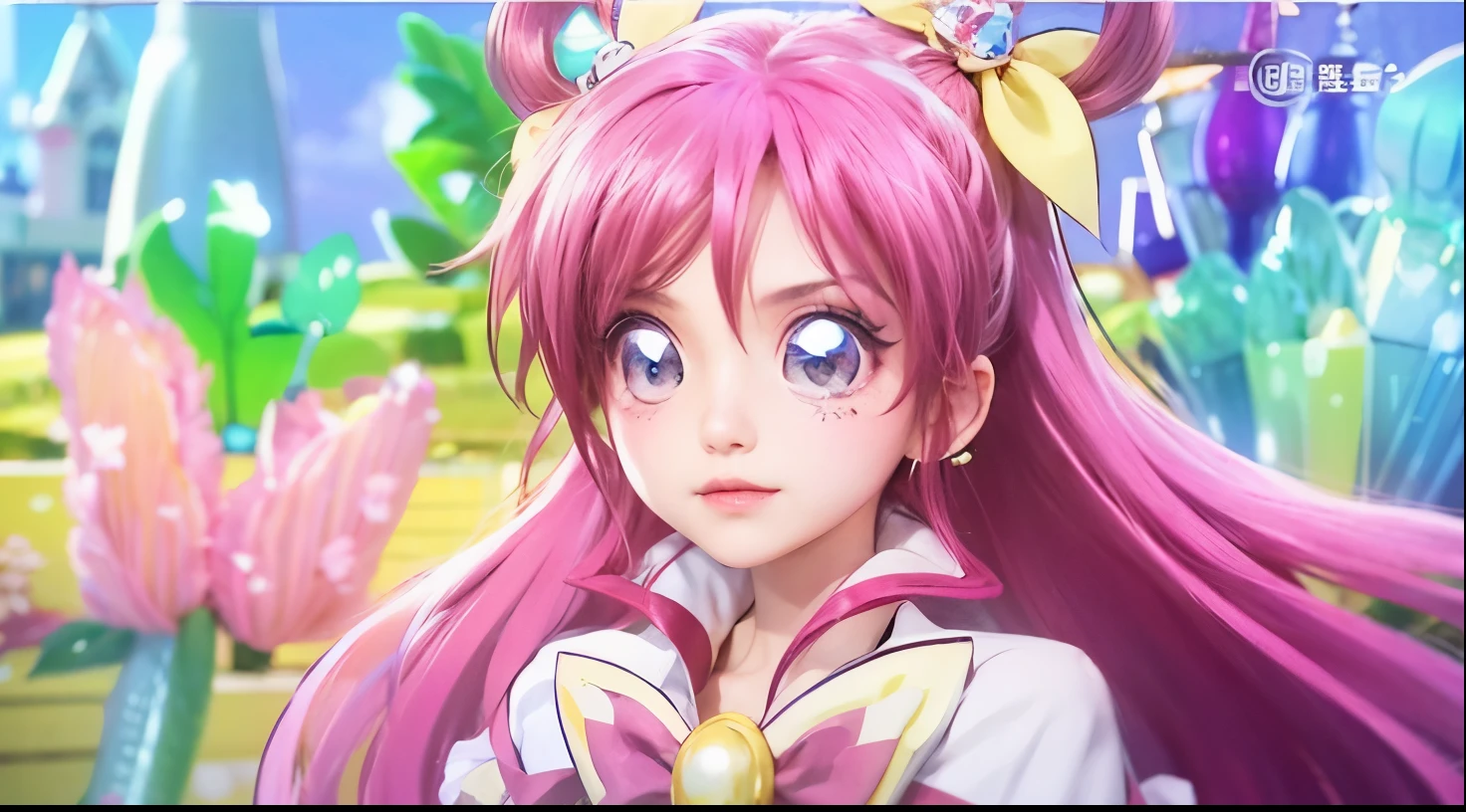 pink hair、long hair、half up、Double knot、hairstyle ring、girl、serious face、8K、highest quality、best details