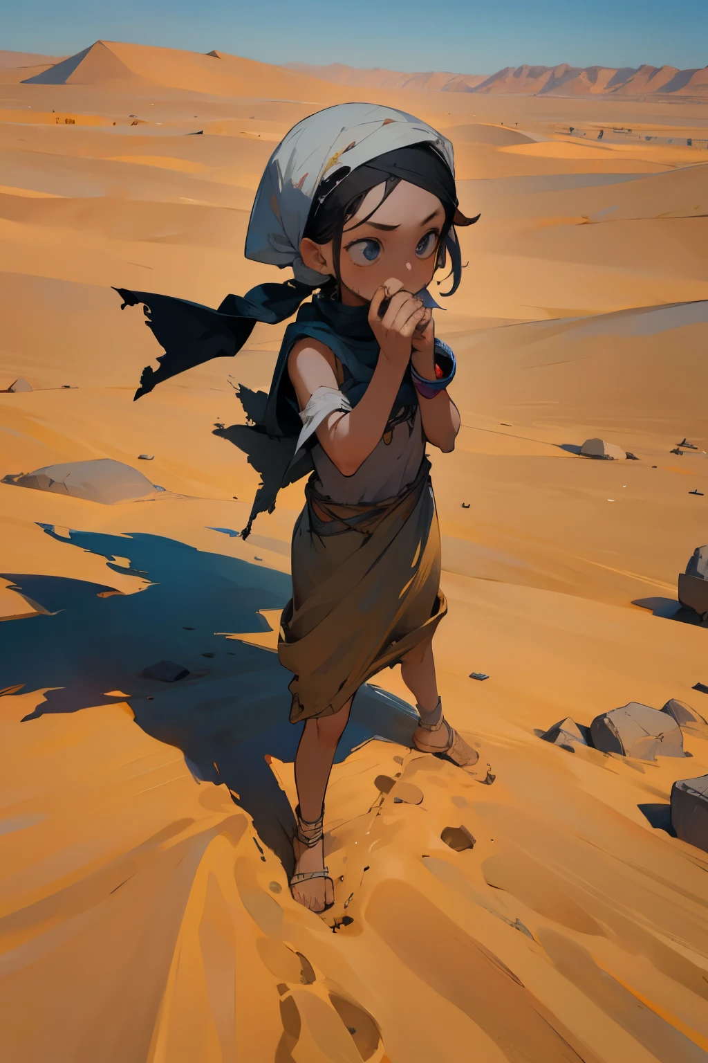 desert, turban, broken clothes, scared, small child, girl,