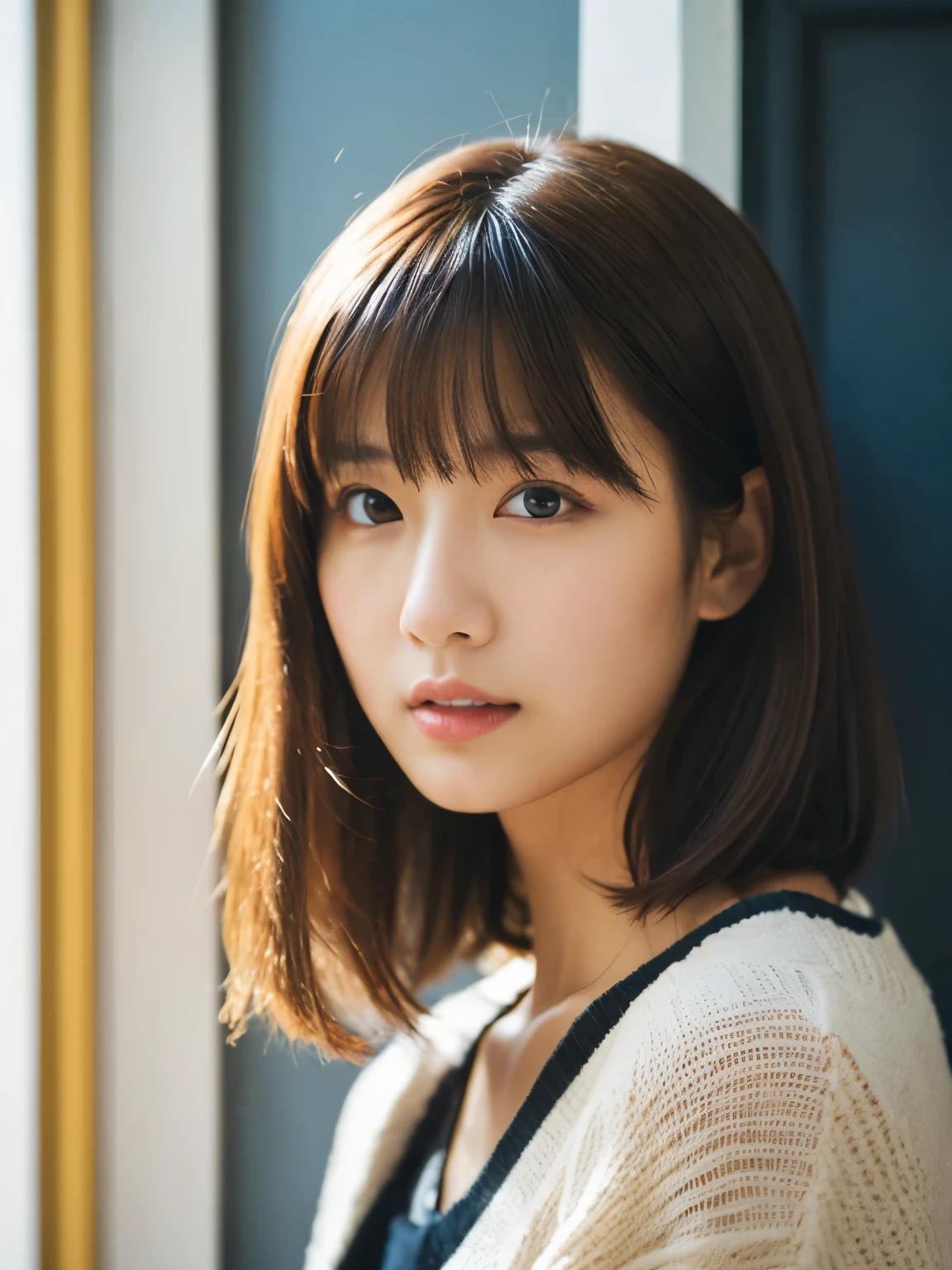 white wall、Taken in front of the white door、(窓のあるwhite wallの部屋)、shot in natural light、Highly detailed face and skin texture、highly detailed lips、correct state of the human body、Super high resolution、(Photoreal:1.4)、top quality, 1 beautiful woman, 28 years old, s, 50mm lens、Light Blue Knit、(Dark brown medium shorthair)、Japanese woman with bob、(dark brown hair)、Versatile poses、looking at the camera、natural color lip、Winter clothes、 necklace