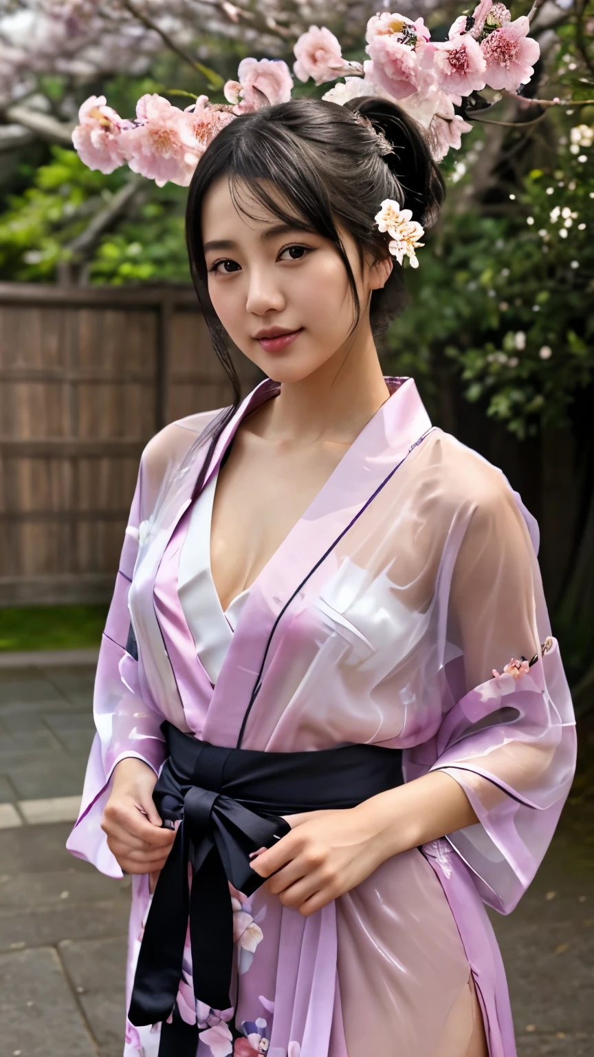 最high quality、high quality、best image quality、8K、最High resolution、High resolution、最high quality、masterpiece、realistic pictures、RAW photo、realistic atmosphere、(detailed face)、(fine hands、thumb１reference４)、(beauty of japan )、very nice face、cute face、((beautiful japanese girl))、(woman), ((18 year old beautiful girl))、(glossy black hair)、(straight long hair)、(ponytail)、whole body、slim style、(shiny skin)、(Fair skin, Glossy skin)、real human skin、realistic human body structure、perfect body， perfect face， perfect hands， perfect fingers， perfect lips， perfect eyes，perfect teeth、perfect background， perfect atmosphere，look at the camera、 soft natural light、samurai kimono、maiko kimono、servant、geisha kimono、japanese kimono、Furisode、kimono、Yukata、japanese traditional、Samurai Residence、Japanese garden、((colorful transparent see-through(flowery kimono、Hakama with side slits))、((Under the tree where plum blossoms are in full bloom(Poses that make your thighs look sexy))