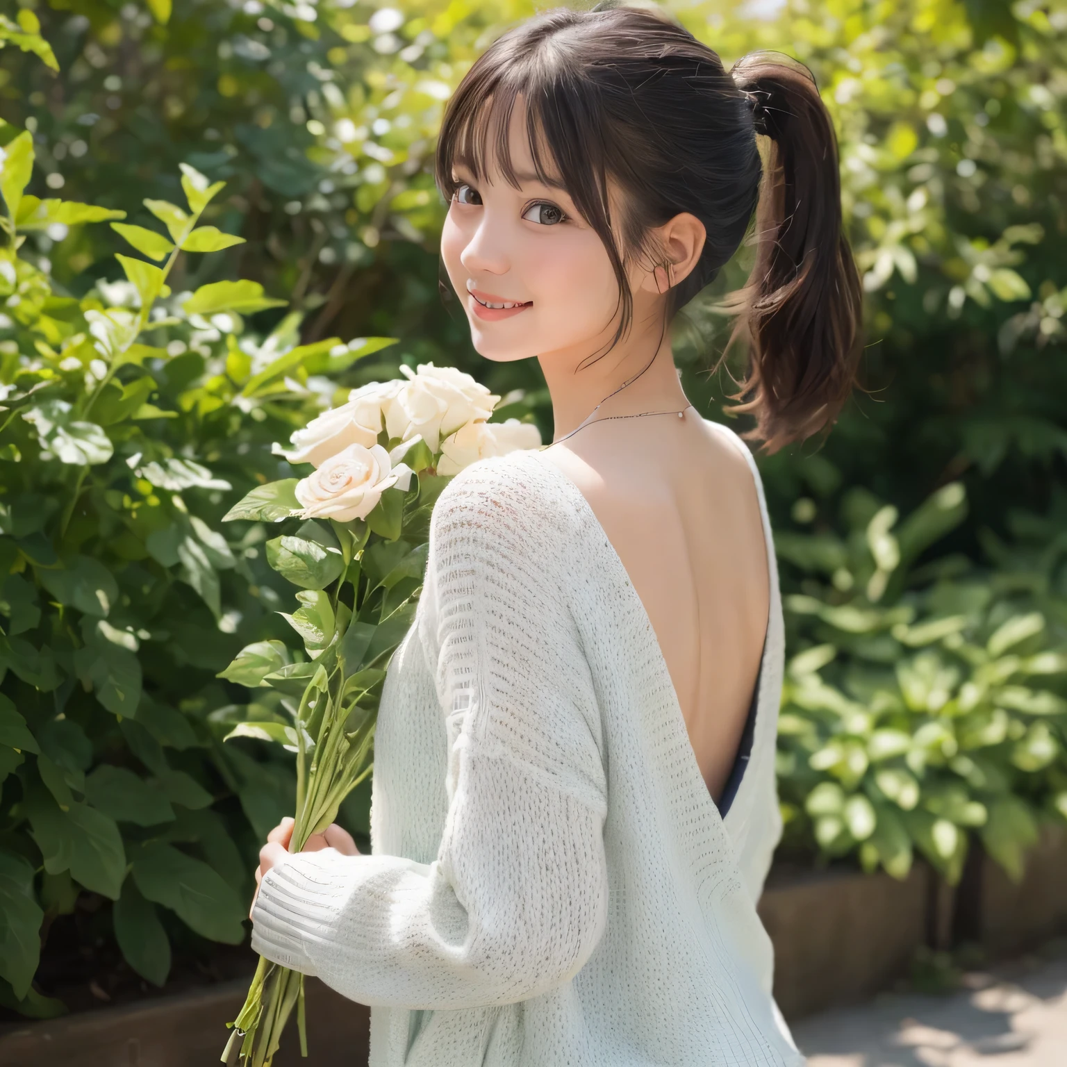 Smile、night、original photography、(((ultimate beauty portrait)))、((sparkling skin))、1 girl、Beautiful 18 year old girl from Prague、bright expression、((brown hair))、((Big eyes sparkling like gems))、cardigan、pantyhose、Glowing and radiant skin、(medium hair)、(silk ponytail)、(standing)、(from below)、under skirt、(from below看内衣的特写)、Eyeliner、beautiful bangs、hair between eyes、((Masterpiece、top quality、Super detailed、movie light、intricate details、high resolution、Very detailed))、background for this、8 kood、digital SLR、soft light、high quality、film grain、富士XT3 、shallow view deep、natural soft light、Kamimei、 thigh, Rear view, Holding a bouquet of flowers