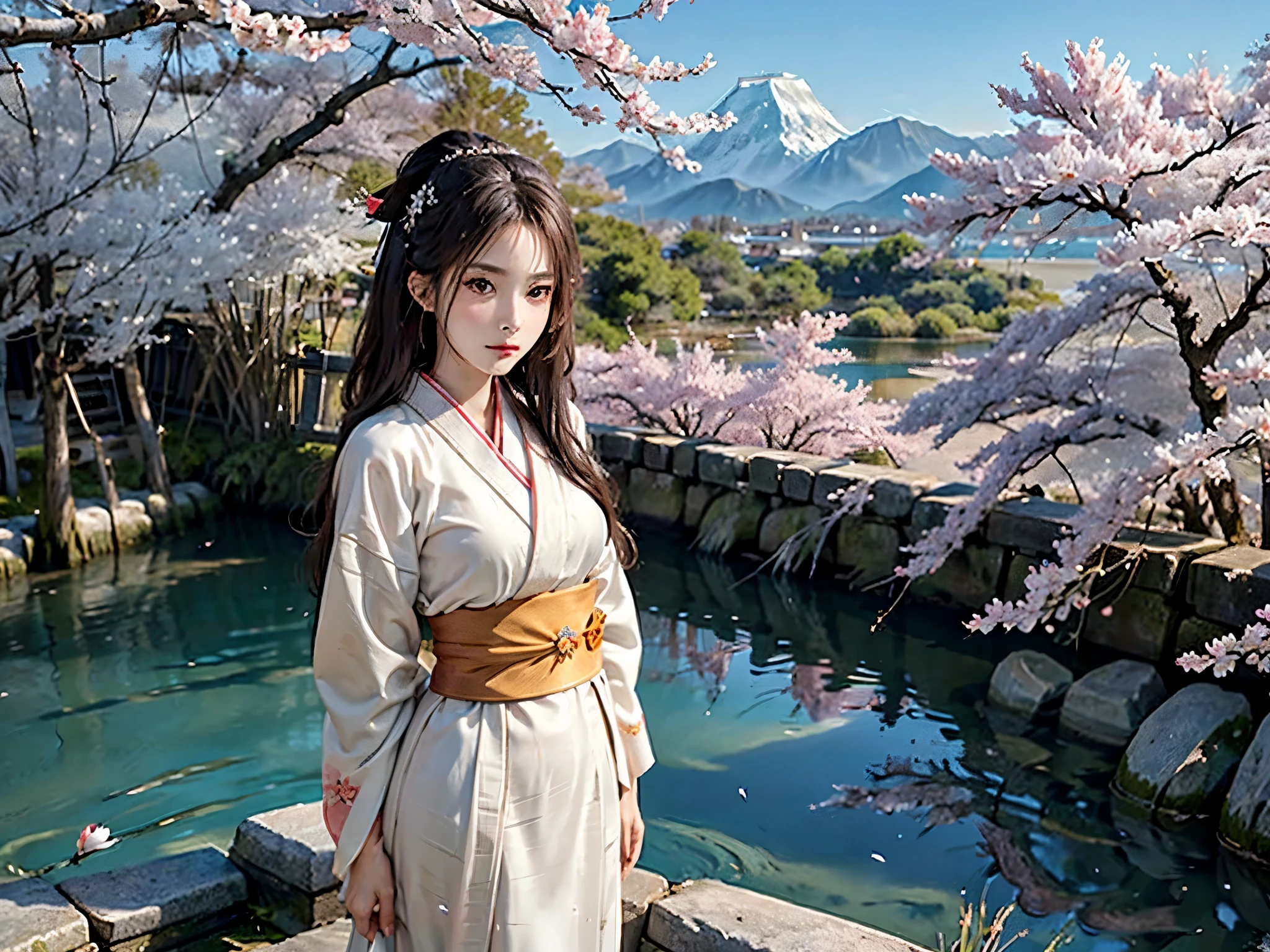 Asuna, masterpiece, best quality, detailed, (1 girl), alone, detailed golden eyes, long hair, permanent, close to viewer, (detailed kimono), faint smile, medium breasts, (Put your arms behind your back), water, Sunset, (hair accessories), (cherry blossoms in bloom), Snowy mountains and lake in the background