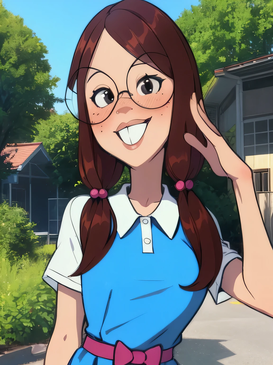 gretchen,black eyes,large glasses,low twintails,buck teeth, blue dress,short sleeves,collared shirt, standing,upper body,smile, school yard,outdoors, (insanely detailed, beautiful detailed face, masterpiece, best quality),solo,
