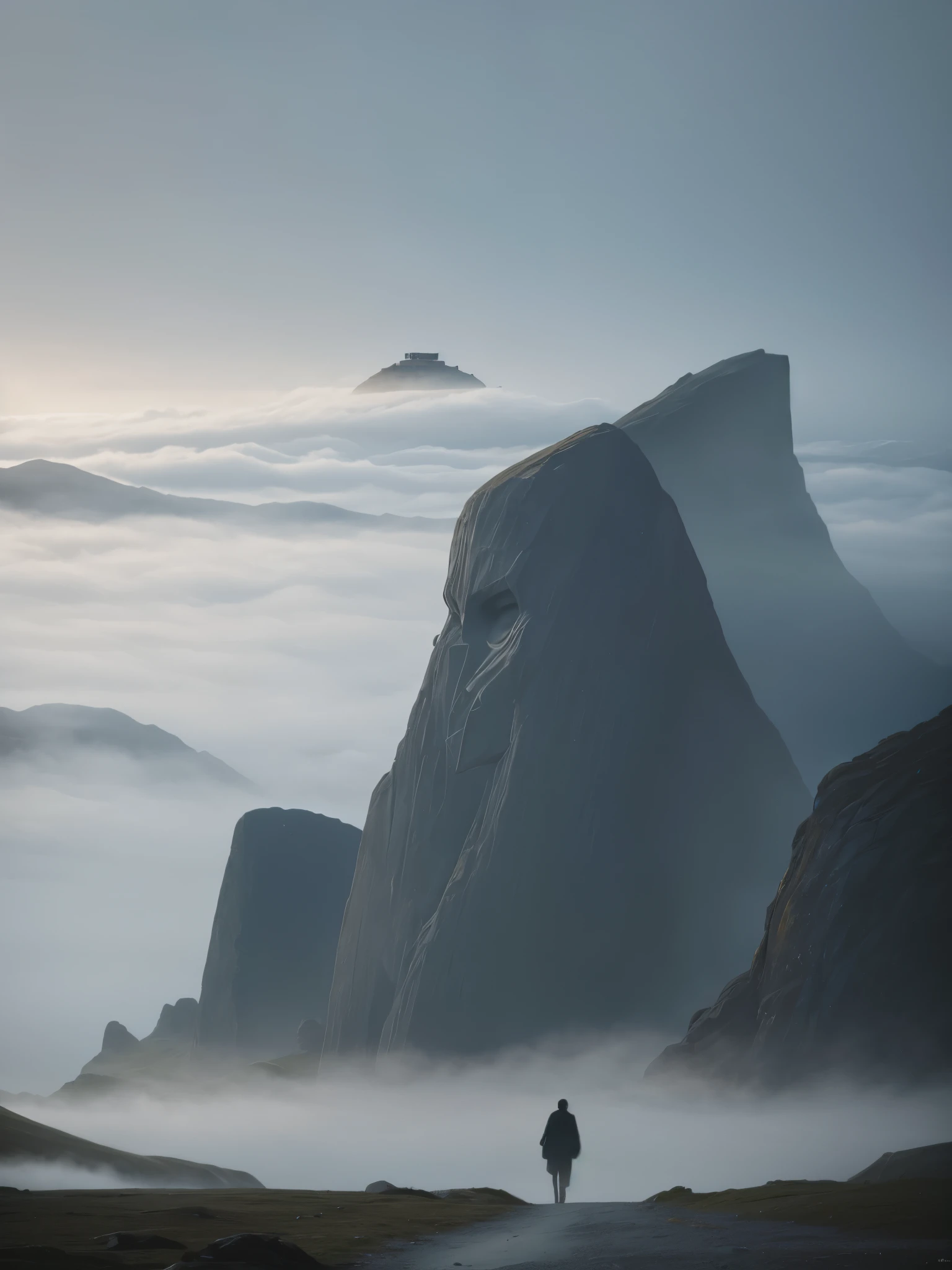 Faint hint of a lonely wanderer walking in the direction of an ridiculous enormously gigantic stone sculpture of a face in the distant mist and fog, cinematic